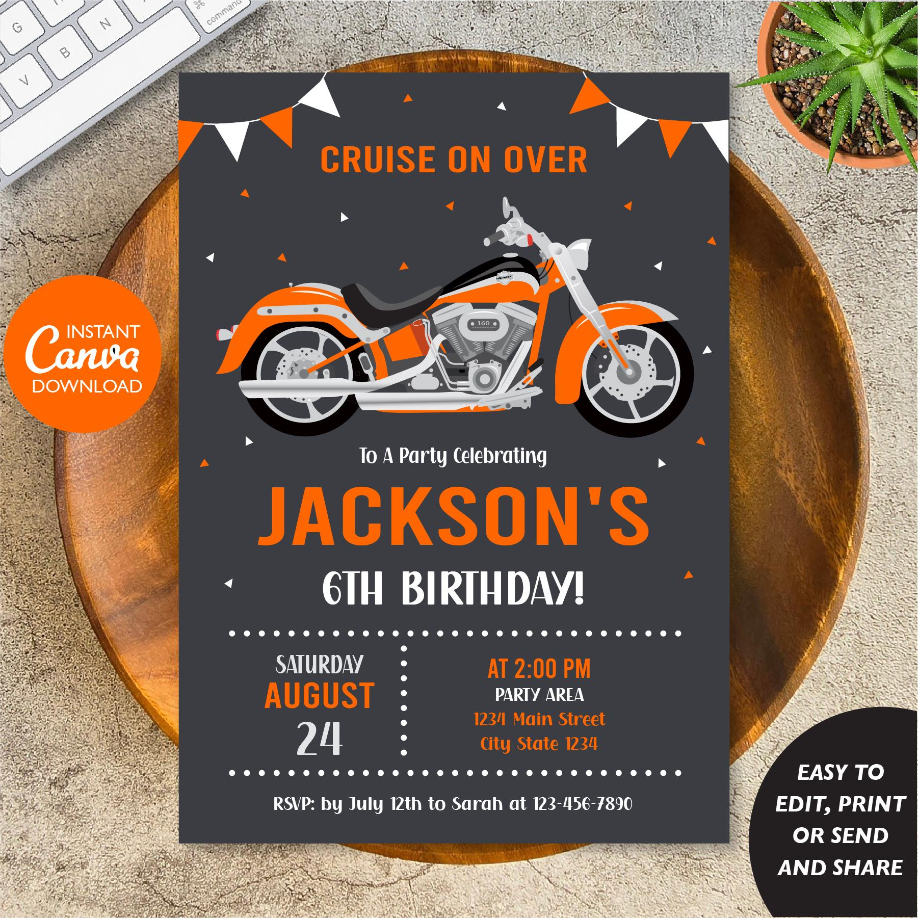Editable, Motorcycle Birthday Invitation, Motorbike Birthday pertaining to Free Printable Harley Davidson Birthday Invitations
