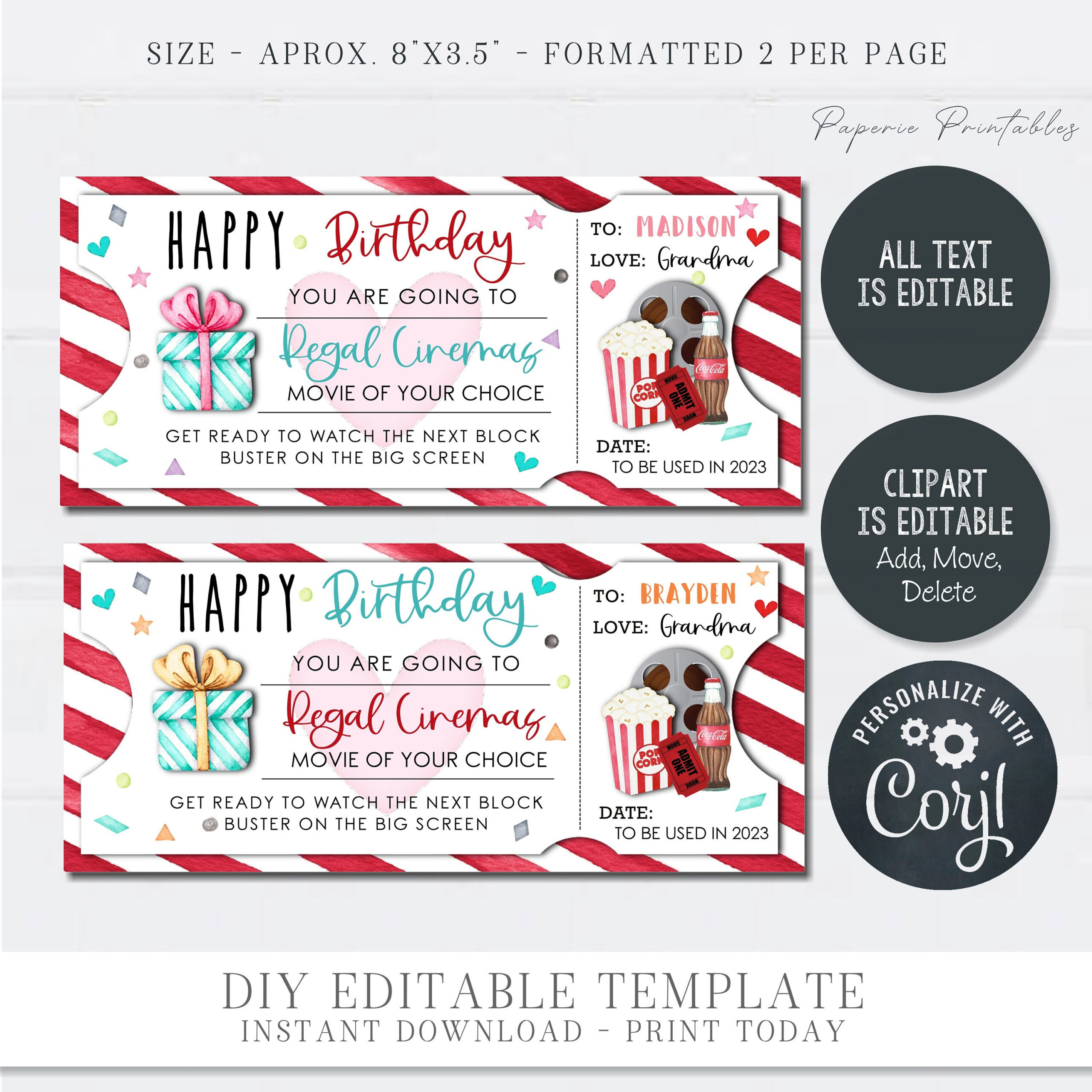 Editable Movie Birthday Ticket: Cinema Gift Voucher (Diy Corjl) - Etsy with Regal Cinema Free Popcorn Printable Coupons