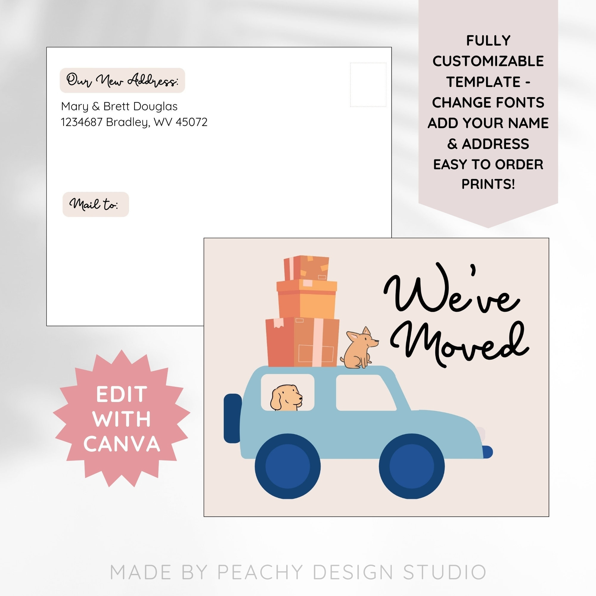 Editable Moving Announcement Postcard: New Address, Car & Dogs in We Re Moving Cards Free Printable