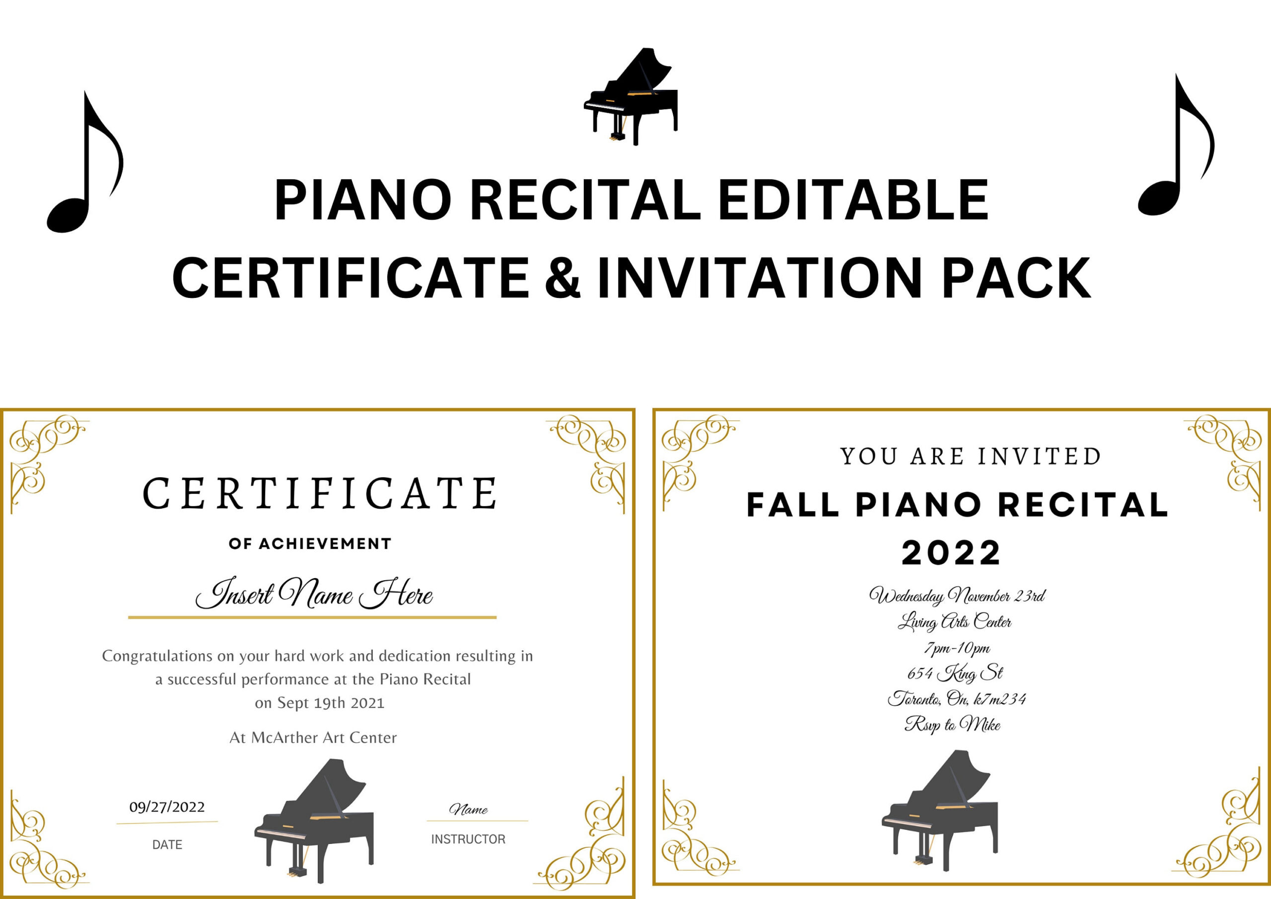 Editable Piano Recital Certificate &amp;amp; Invitation (Digital Download throughout Free Printable Piano Recital Certificates