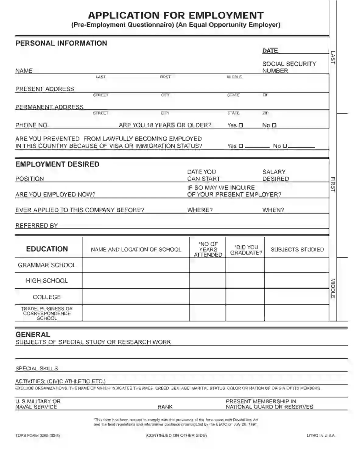 Employment Application Form ≡ Fill Out Printable Pdf Forms Online throughout Application For Employment Form Free Printable