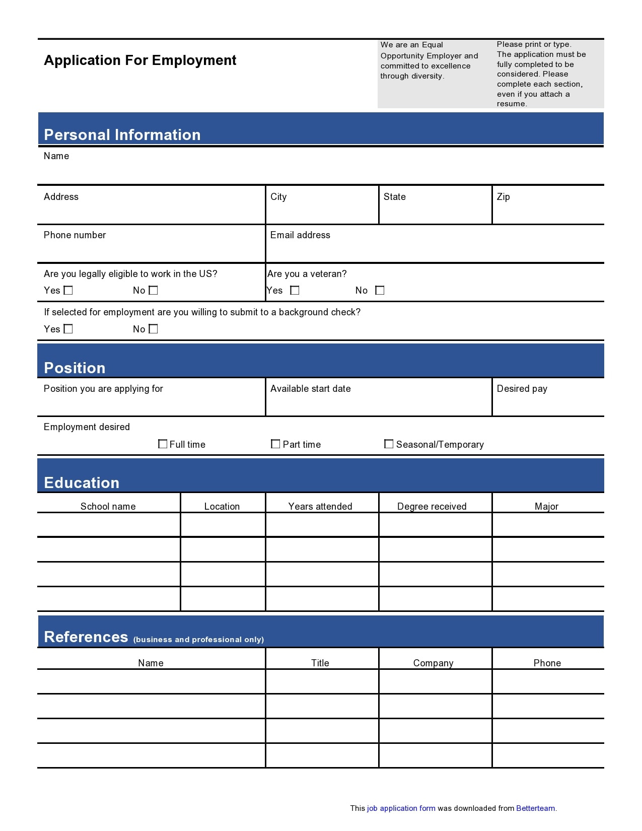 Employment Application Form Printable - Printable Bingo Cards inside Free Printable Application For Employment Template