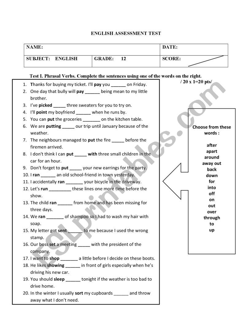 English Language Assessment Test - Esl Worksheetceglencarmen inside Free Esl Assessment Test Printable