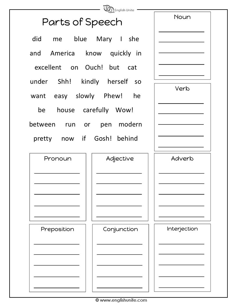 English Unite - Parts Of Speech Worksheet - Worksheets Library regarding Free Printable Parts Of Speech Worksheets