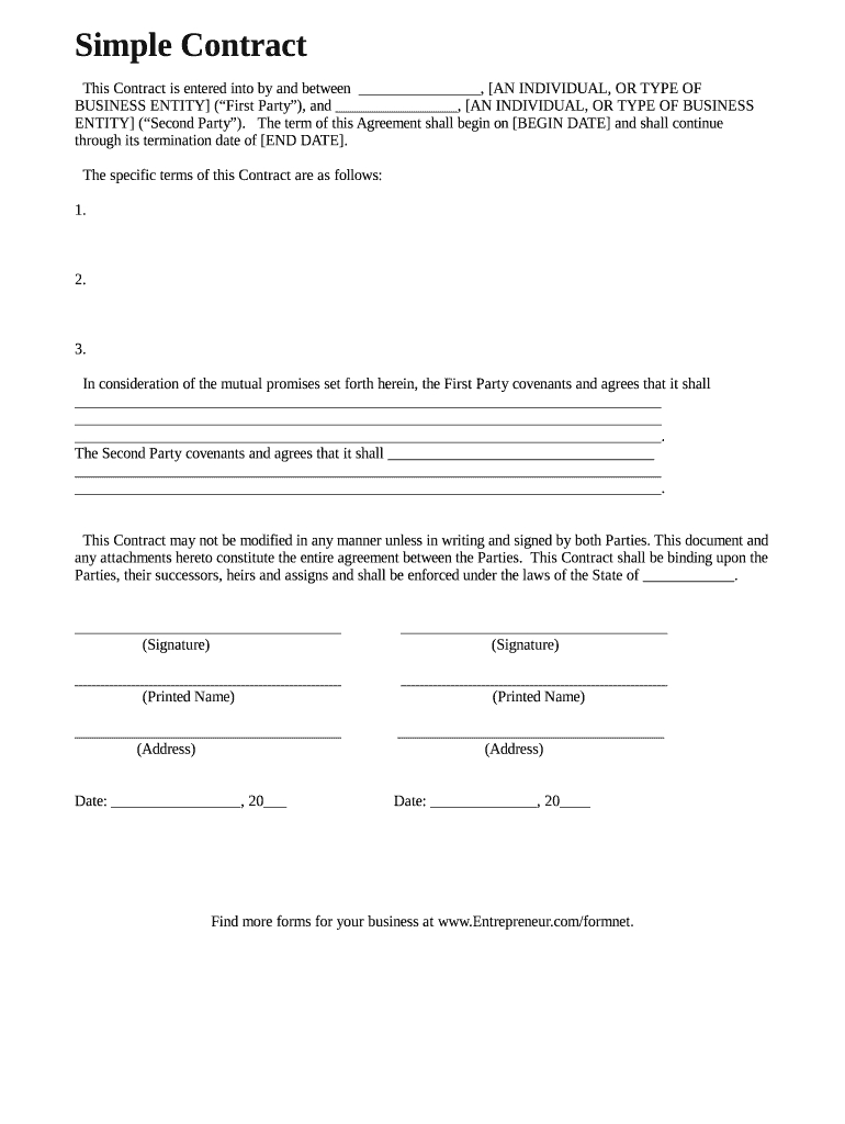 Entrepreneur Simple Contract Form - Fill Online, Printable in Free Printable Contracts