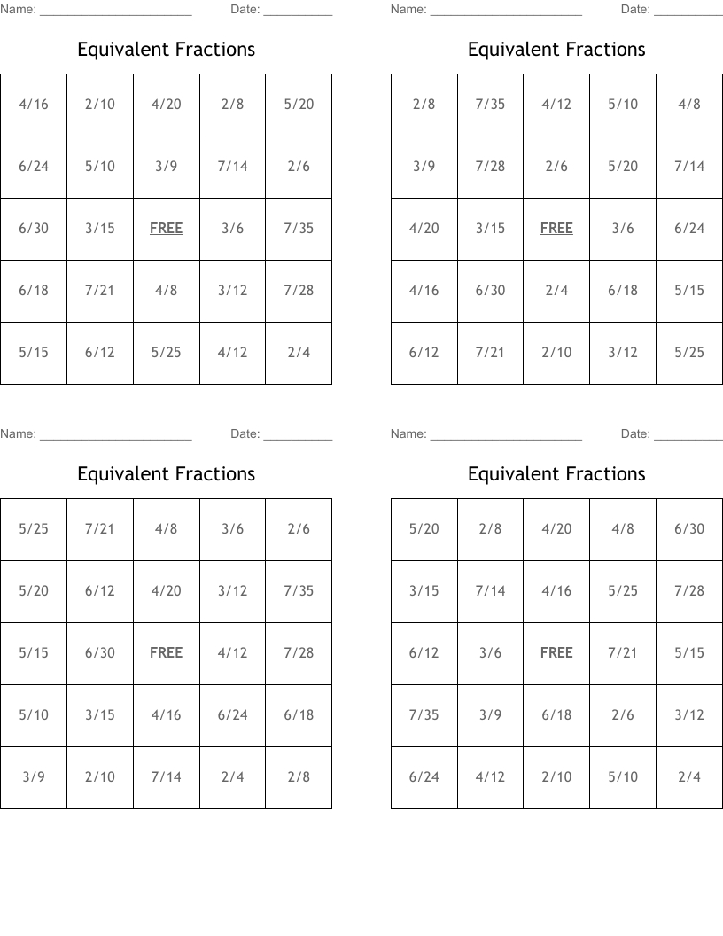 Equivalent Fractions Bingo Cards - Wordmint inside Fraction Bingo Cards Printable Free
