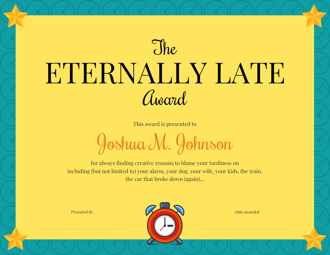 Eternally Late Award Certificate Template - Venngage within Free Printable Funny Office Awards