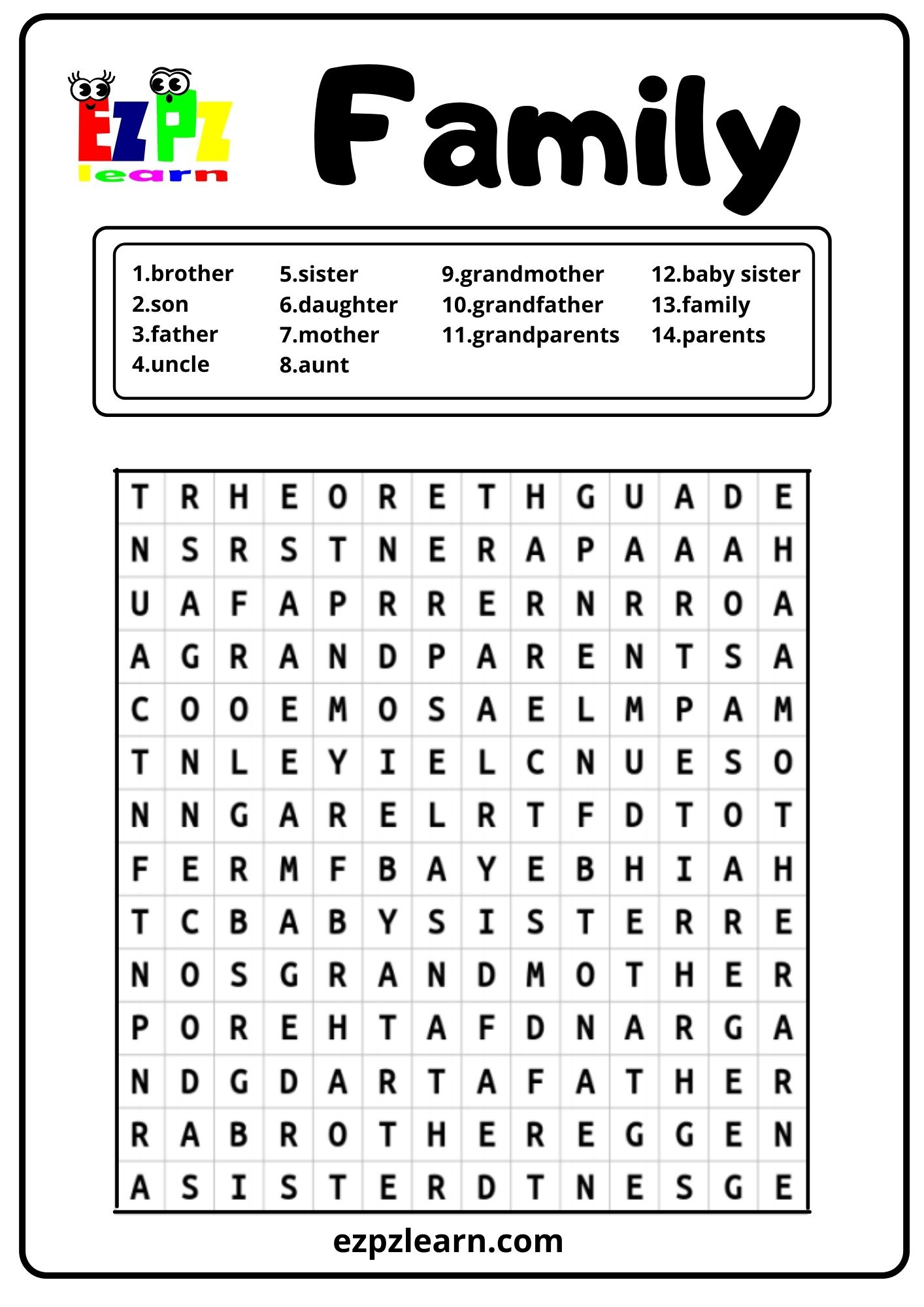 Family Word Search - Ezpzlearn for Free Printable Word Family Games