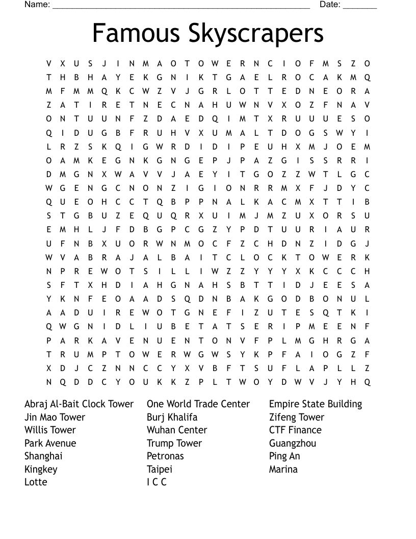 Famous Skyscrapers Word Search - Wordmint regarding Free Printable Skyscraper Puzzles