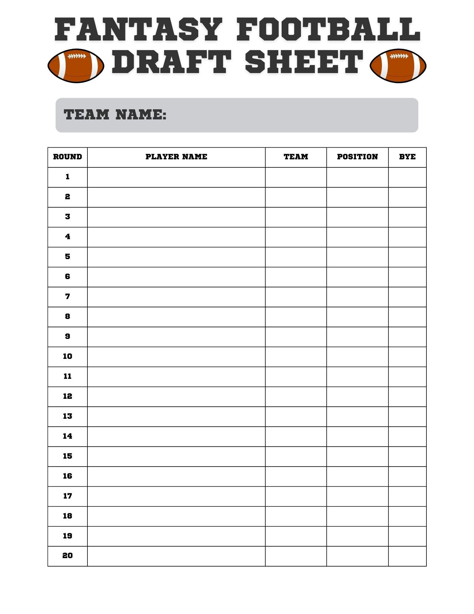 Fantasy Football Draft Sheet: Printable Draft Day Kit (Digital intended for Fantasy Football Draft Sheets Printable Free