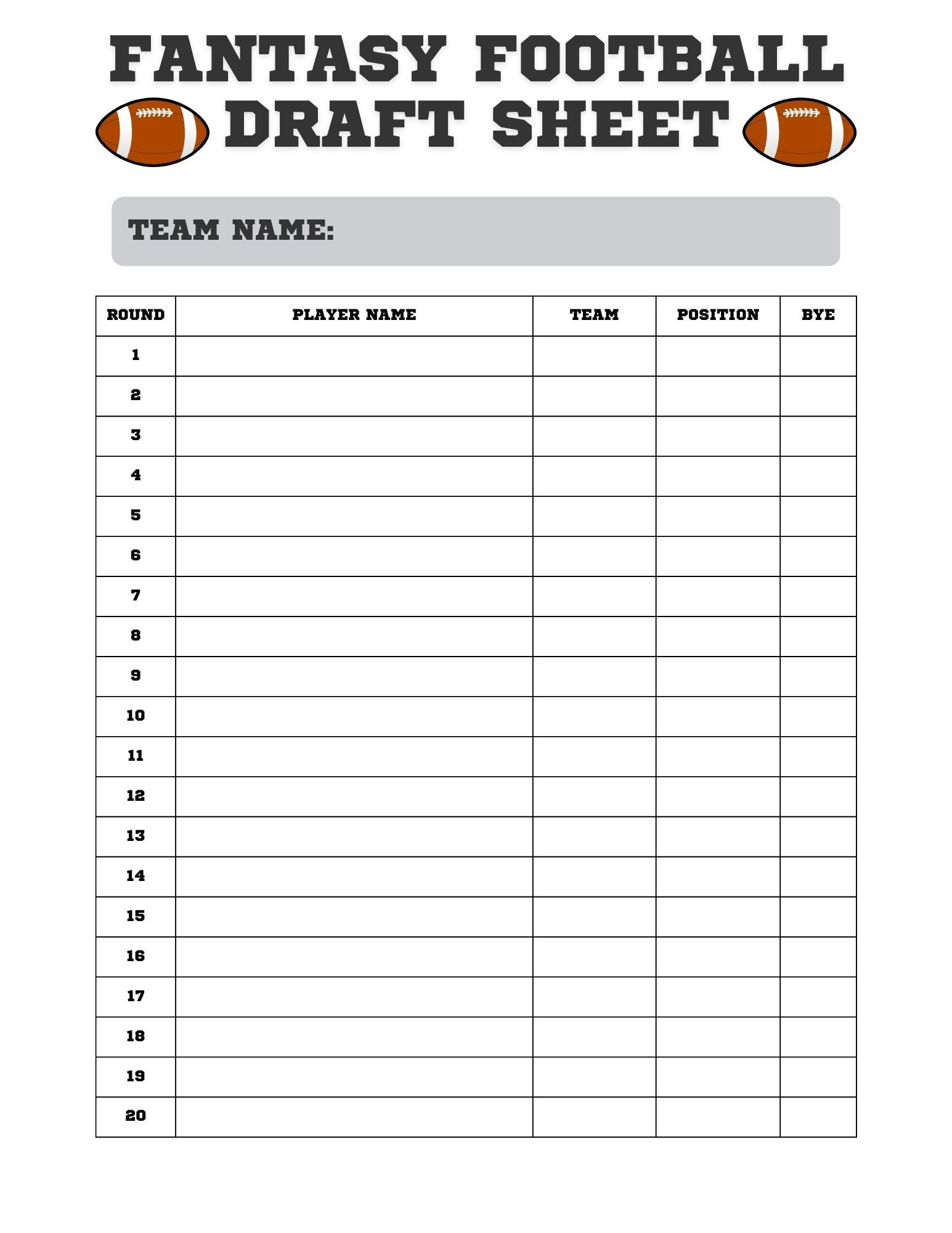 Fantasy Football Draft Sheet: Printable Draft Day Kit (Digital pertaining to Free Fantasy Football Printable Draft Sheets