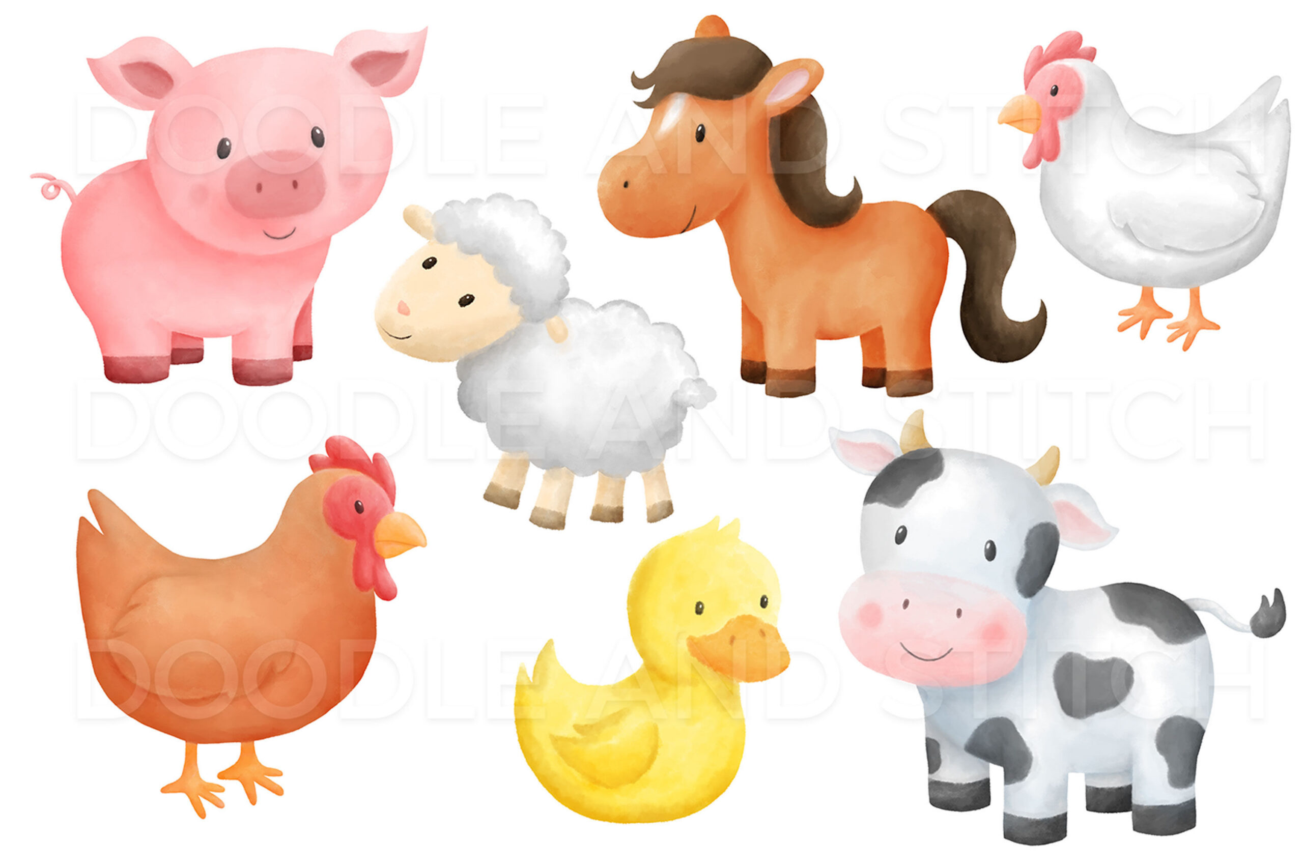 Farm Animal Watercolor Clipartdoodle Art | Thehungryjpeg in Free Printable Farm Animal Clipart