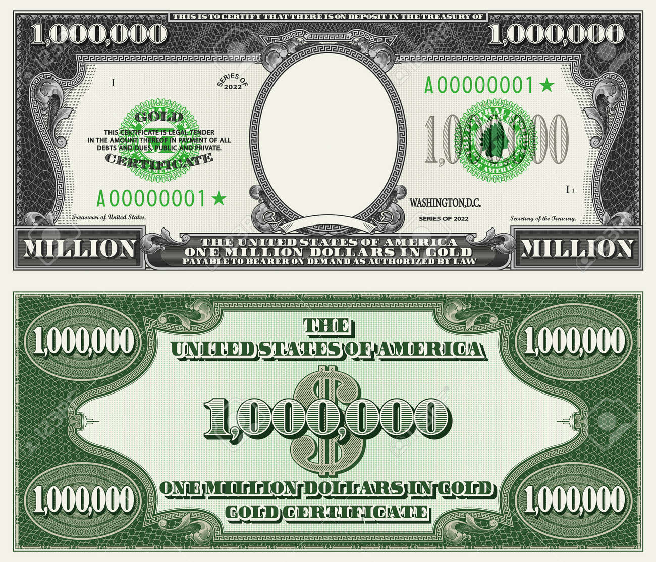 Fictional Obverse And Reverse Of A 1000000 Dollars Gold regarding Free Printable Million Dollar Bill