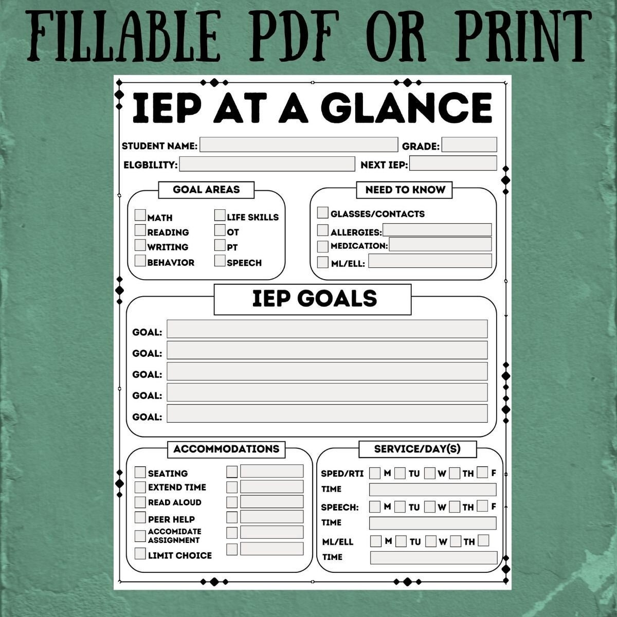 Fillable Iep At A Glance Forms: Sped Teacher Planner (Pdf with Iep At A Glance Free Printable