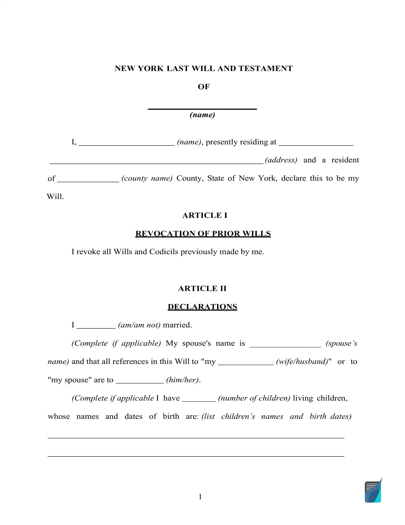 Fillable New York Last Will And Testament Form [Free] | Formspal with regard to Free Printable Will Forms Download