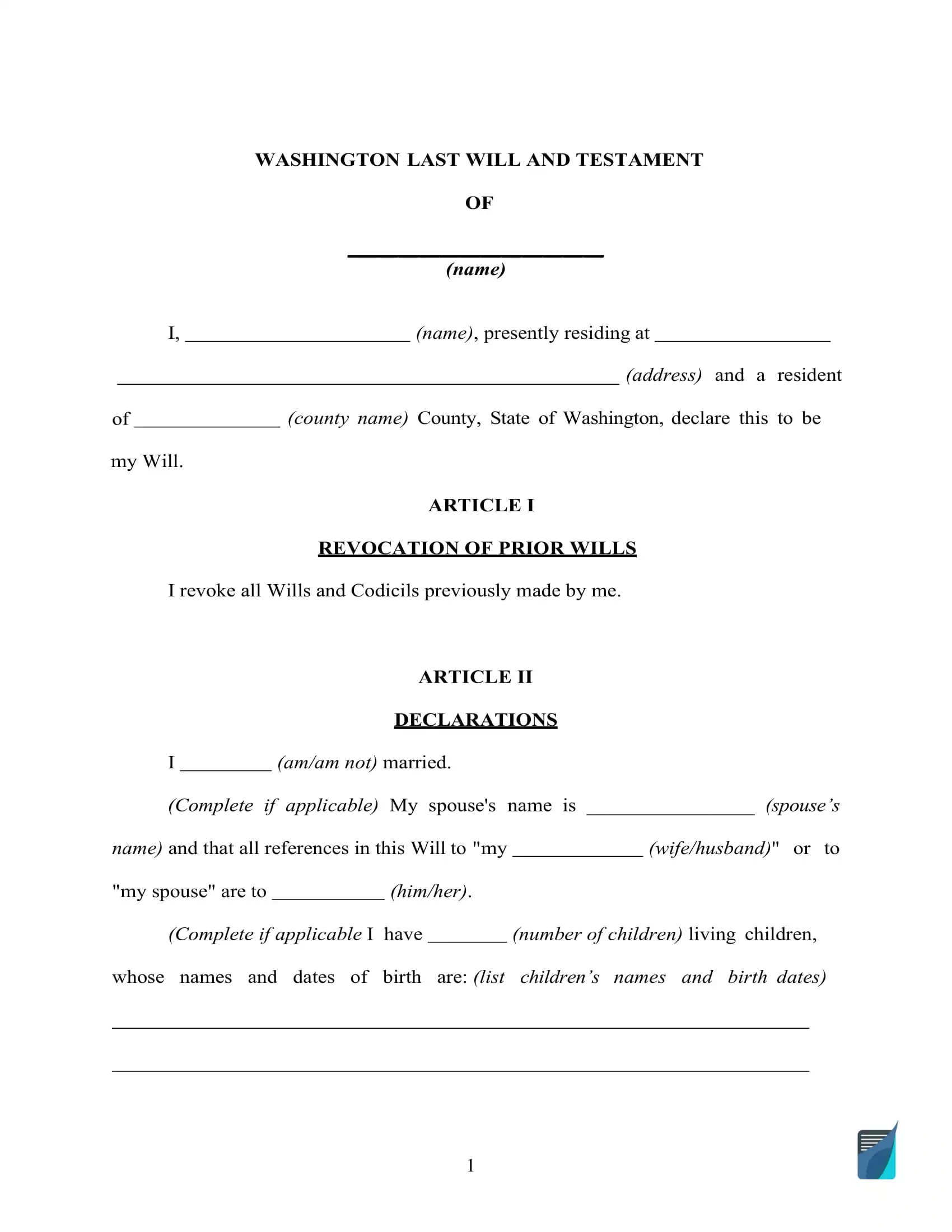 Fillable Washington Last Will And Testament Form [Free] | Formspal regarding Free Printable Living Will Forms Washington State
