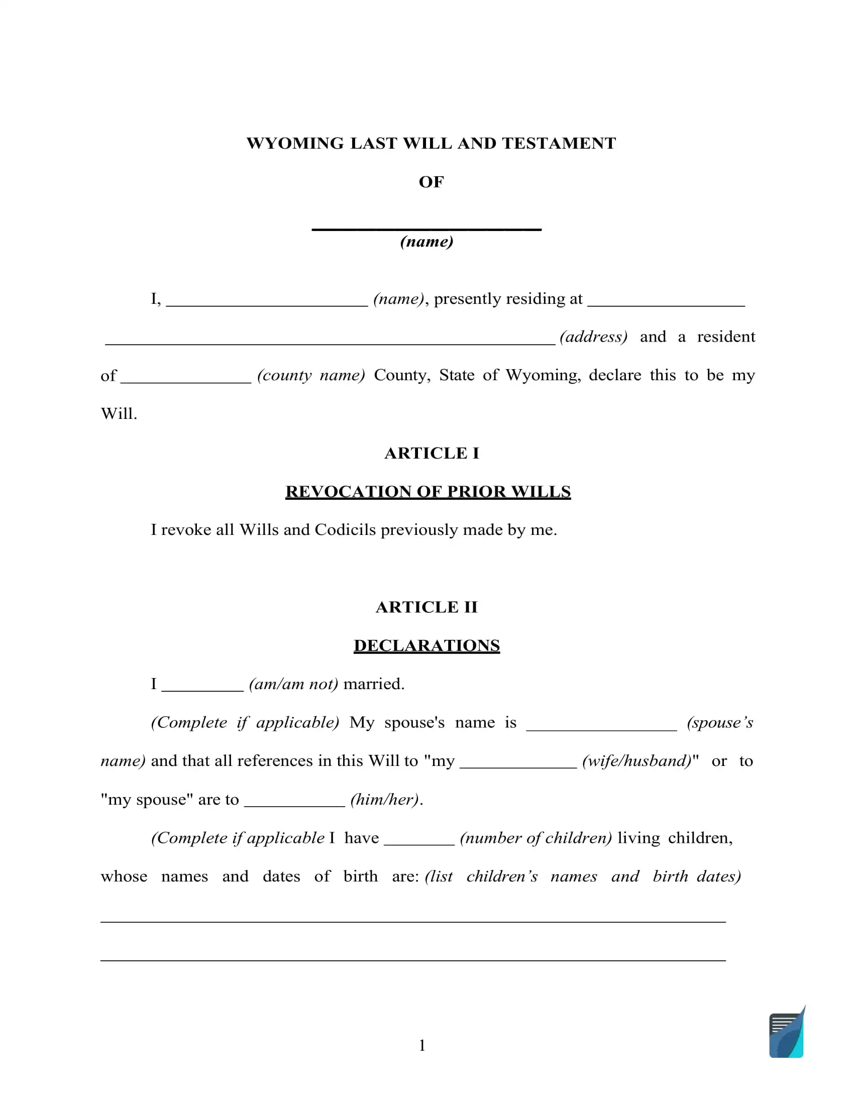 Fillable Wyoming Last Will And Testament Form [Free] | Formspal in Free Printable Basic Will