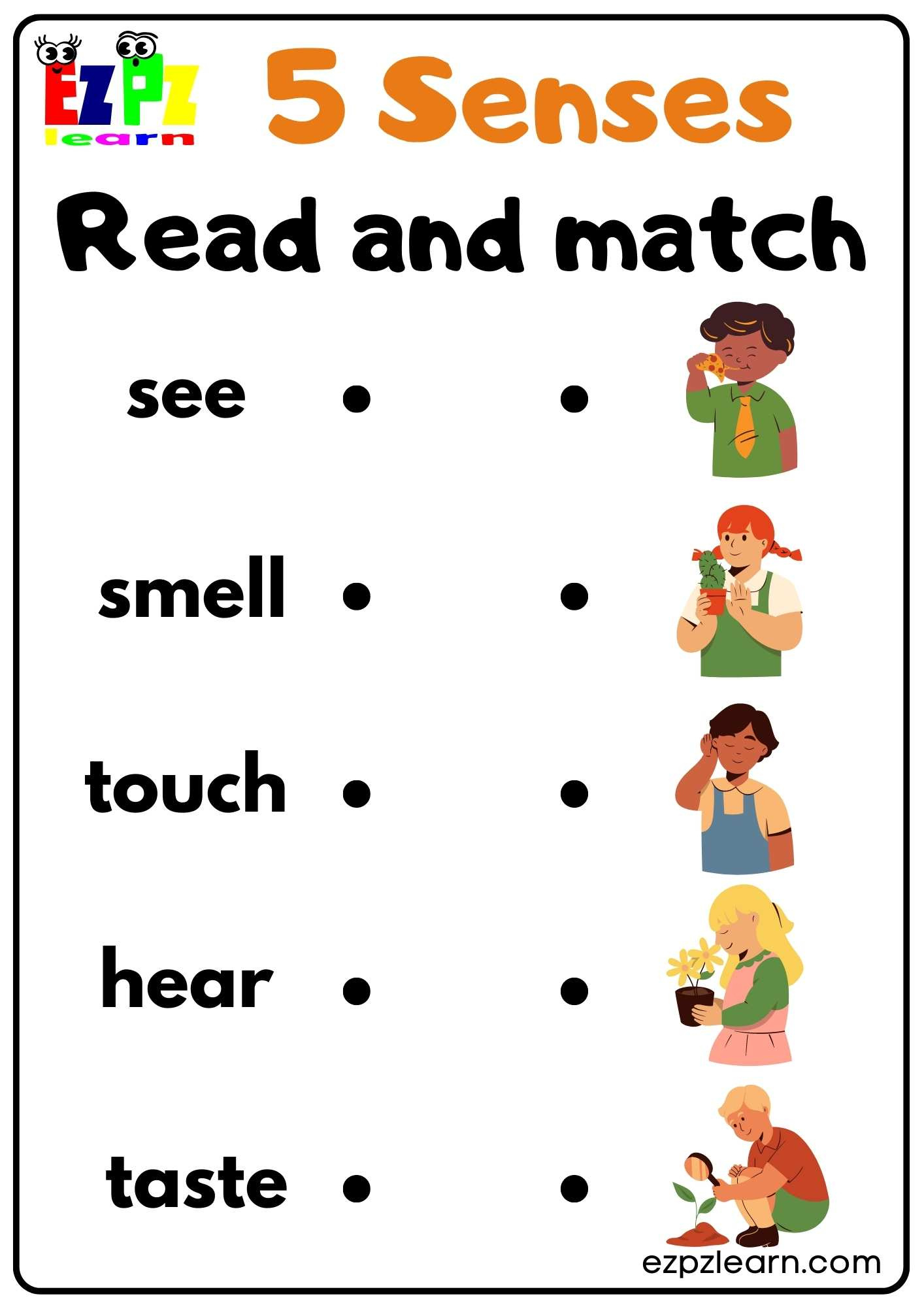 Five Senses Read And Match Worksheet For Kindergarten And Esl for Free Printable Worksheets Kindergarten Five Senses