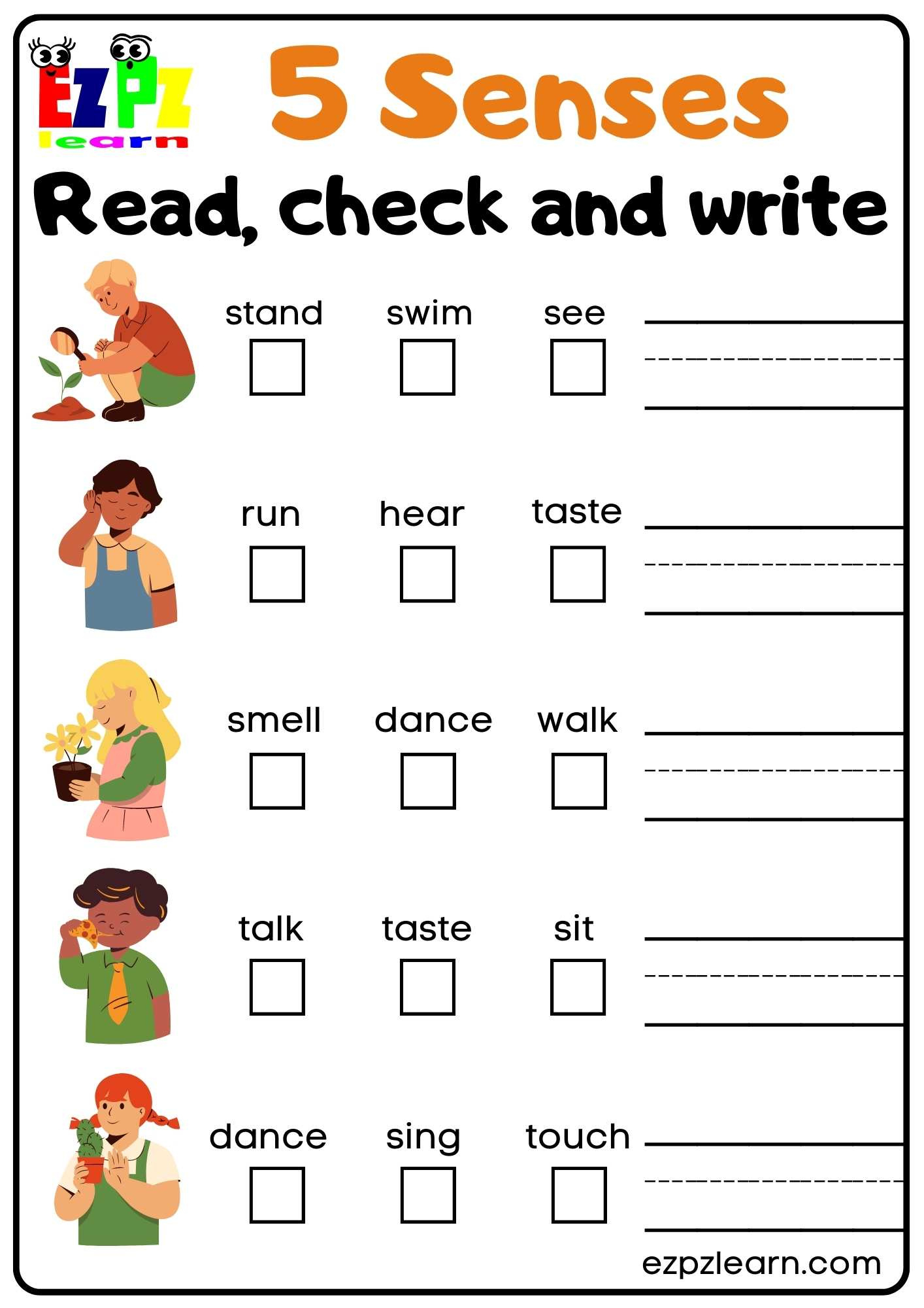Five Senses Read Check And Write Worksheet For Kindergarten And with Free Printable 5 W&amp;amp;#039;s Worksheets