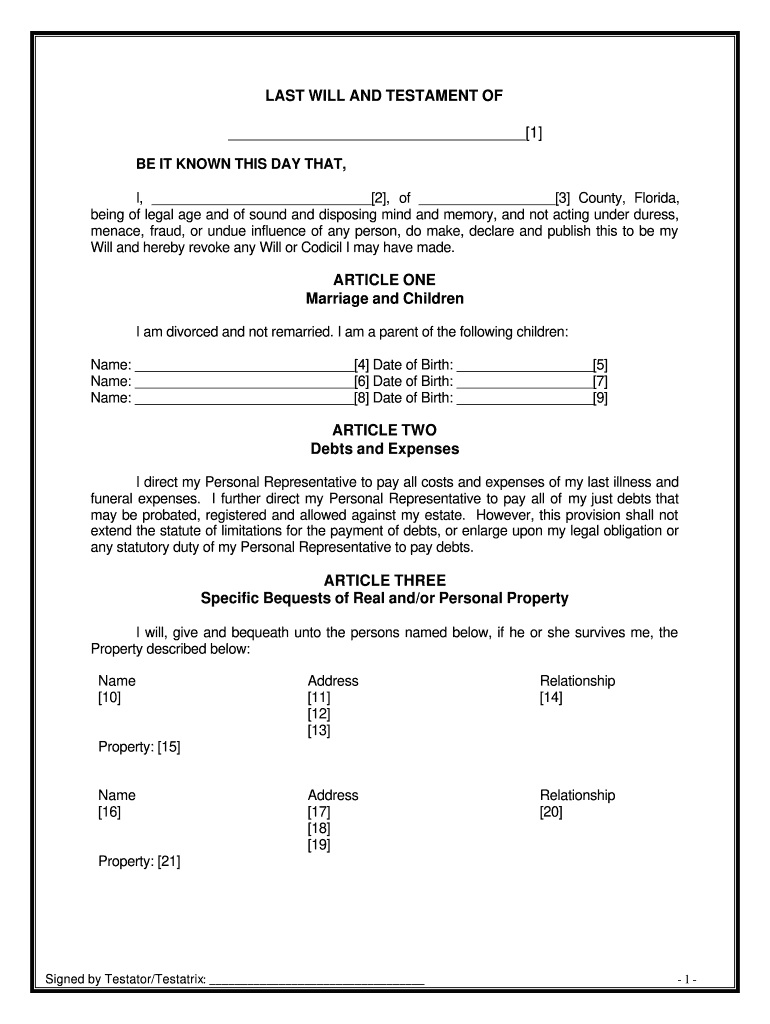 Florida Last Will And Testament Pdf Form - Fill Online, Printable for Free Printable Florida Will