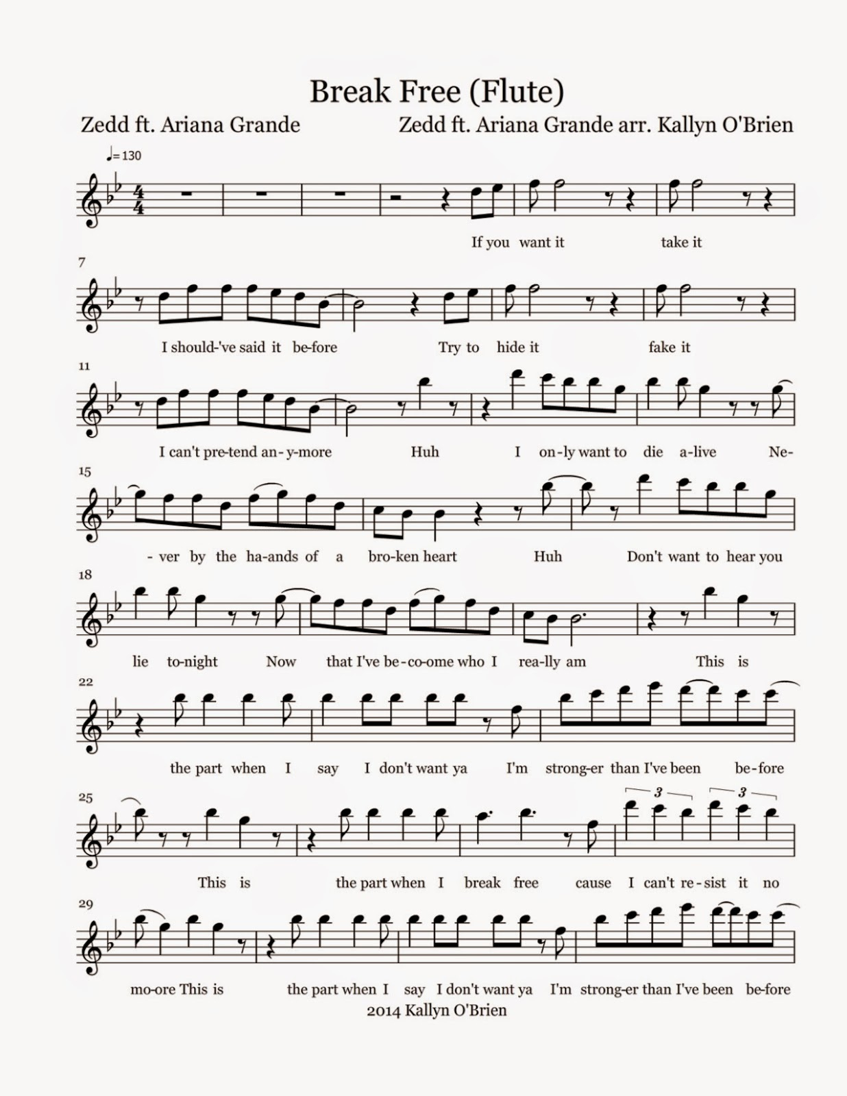 Flute Sheet Music: Break Free - Zedd Ft. Ariana Grande (Sheet Music) inside Free Printable Flute Music
