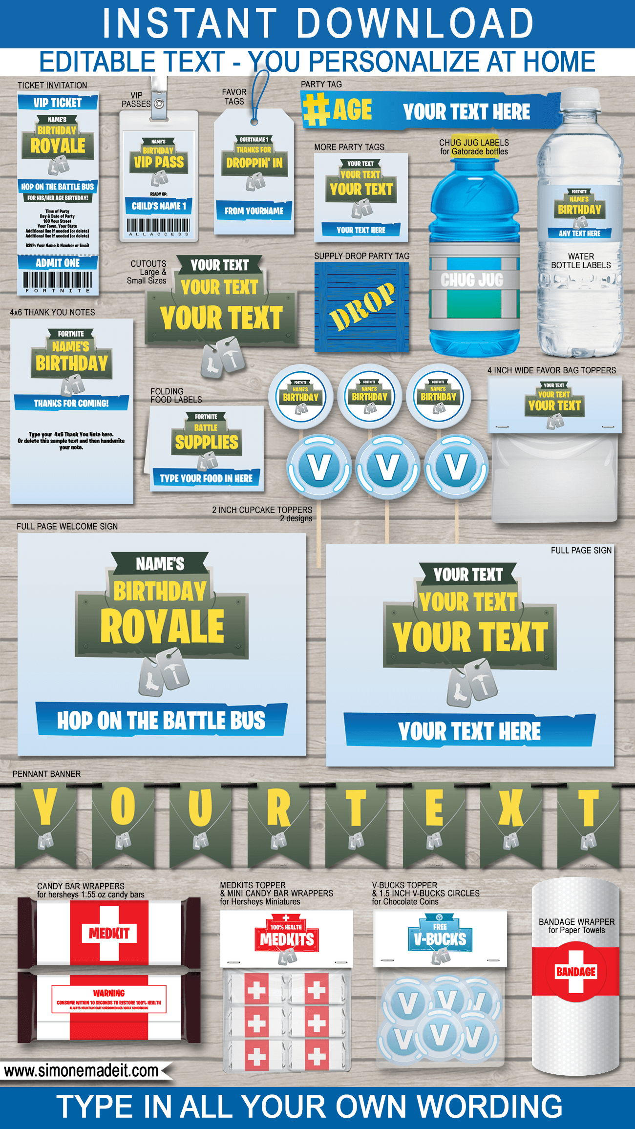 Fortnite Party Printables, Decorations &amp;amp; Invitations - Blue in Simone Made It Free Printables
