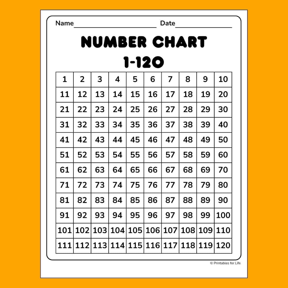 Free 1-120 Number Chart To Print For Kids intended for Free Printable Hundreds Chart To 120