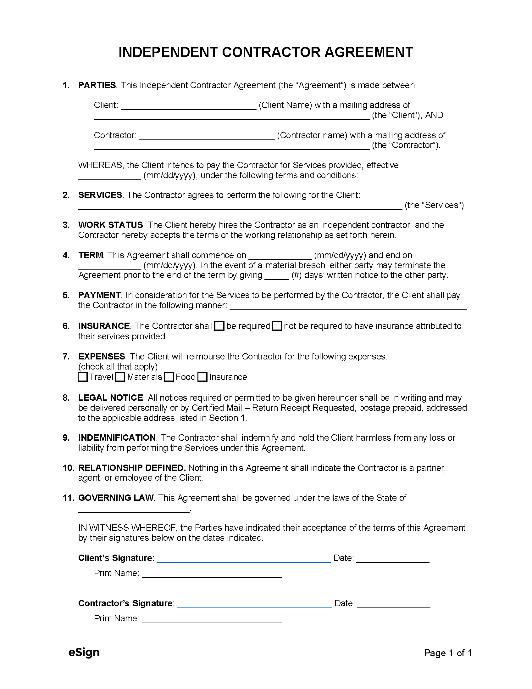 Free 1-Page (Simple) Independent Contractor Agreement Template in Free Printable Independent Contractor Agreement