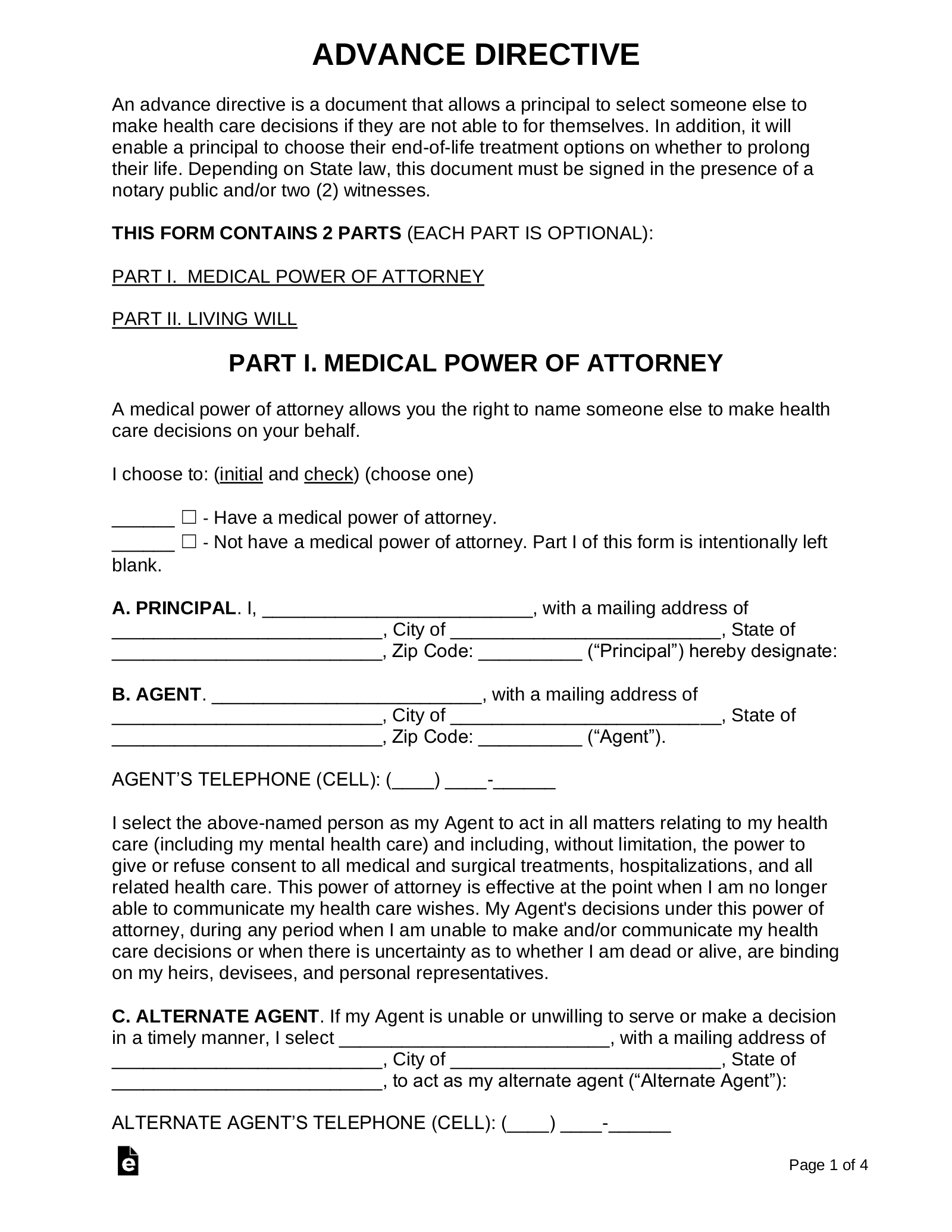Free Advance Directive Form - Pdf | Word – Eforms inside Free Printable Advance Directive Form