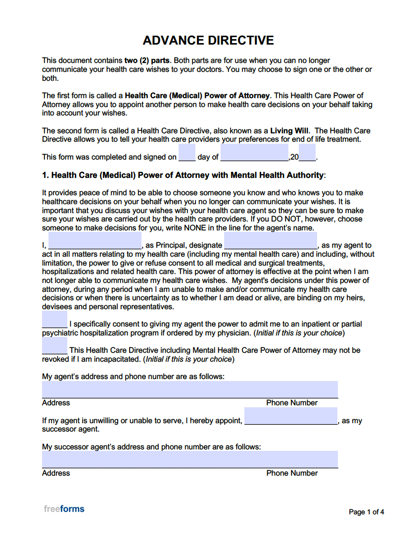 Free Advance Directive Forms (Medical Power Of Attorney &amp;amp; Living regarding Free Printable Advance Directive Form