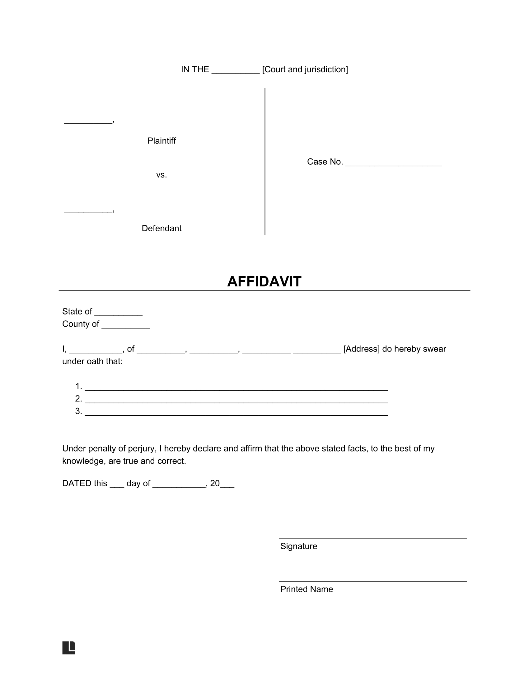 Free Affidavit Form Templates | Create, Fill Out, And Download A with regard to Free Printable Blank Affidavit Form