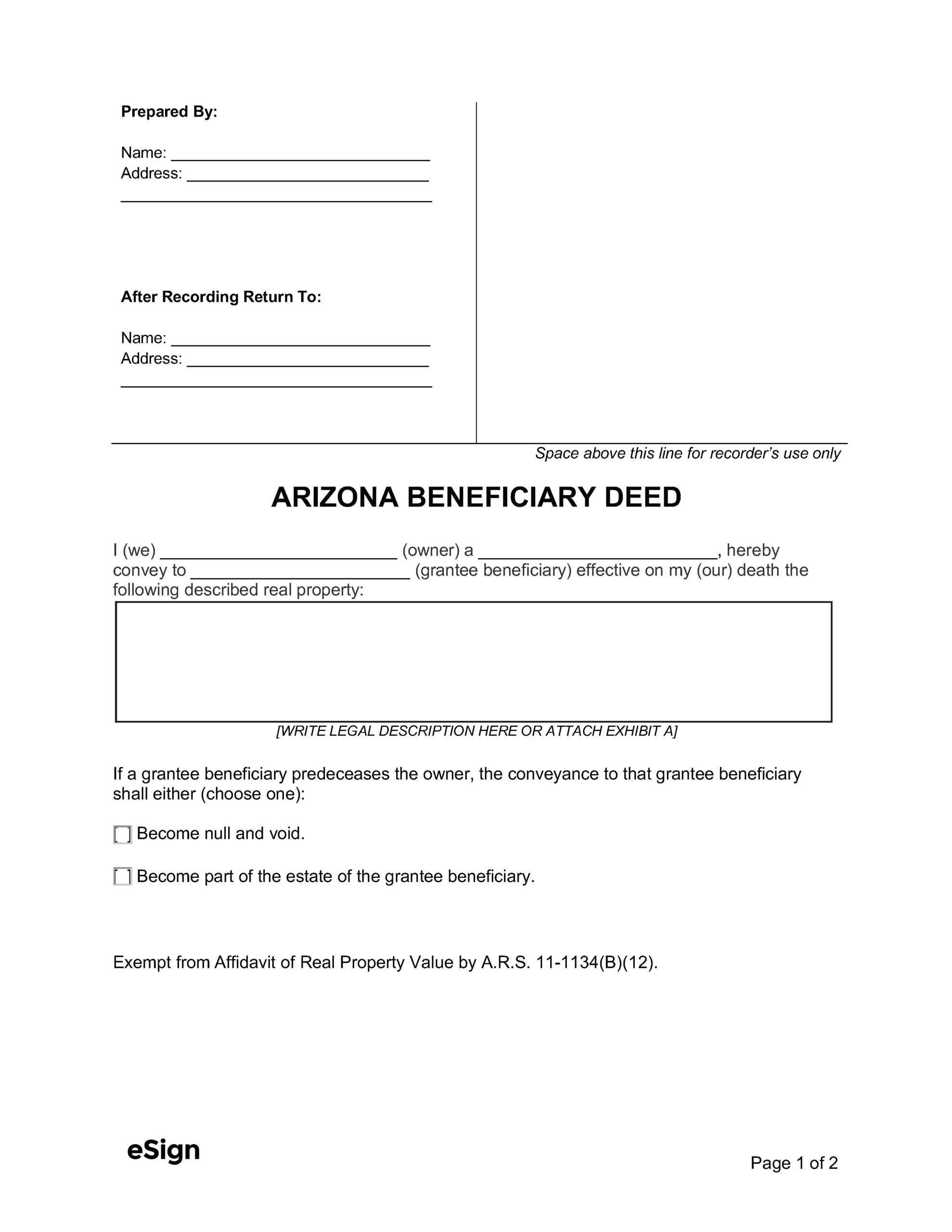 Free Arizona Beneficiary Deed Form | Pdf | Word in Free Printable Beneficiary Deed