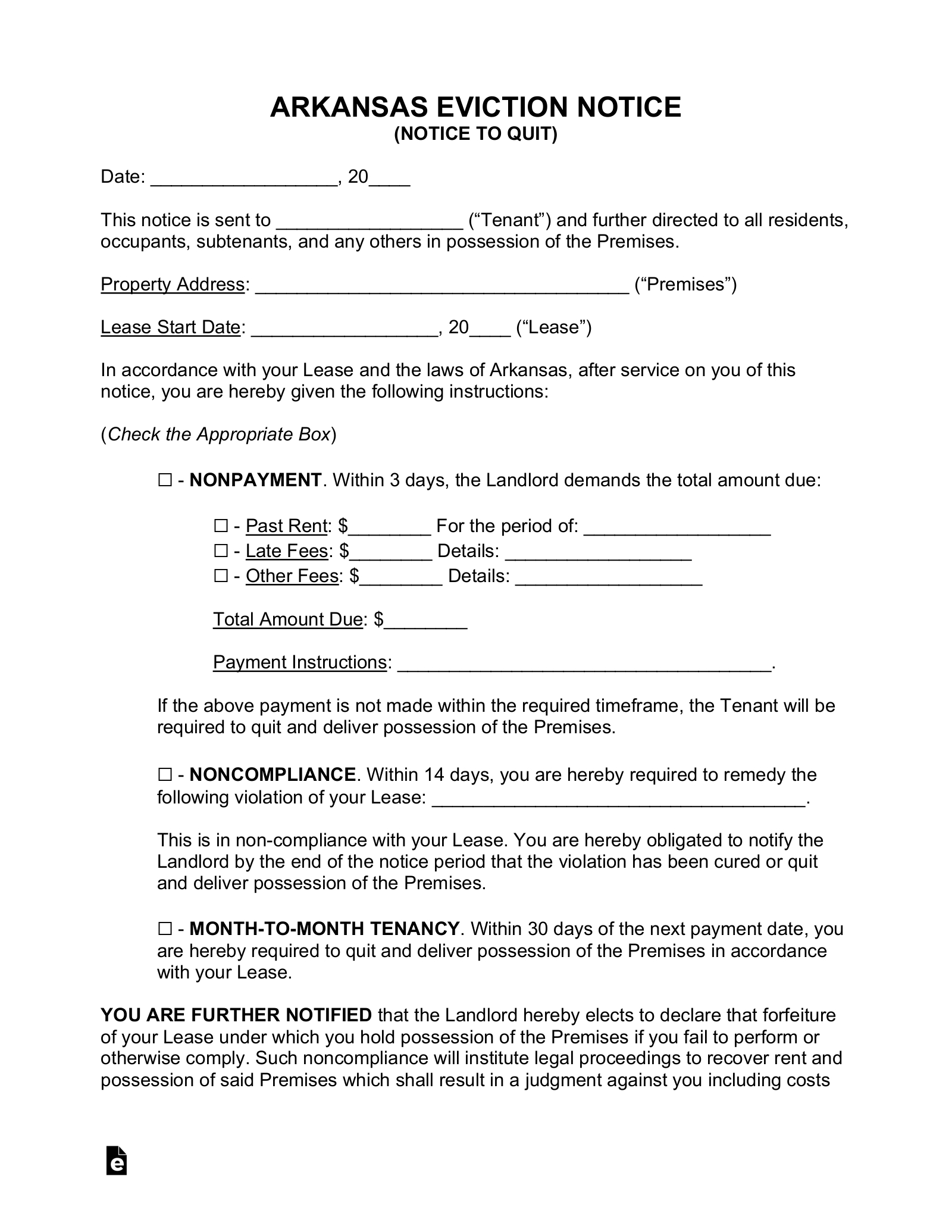 Free Arkansas Eviction Notice Forms (3) - Pdf | Word – Eforms within Free Printable Eviction Notice