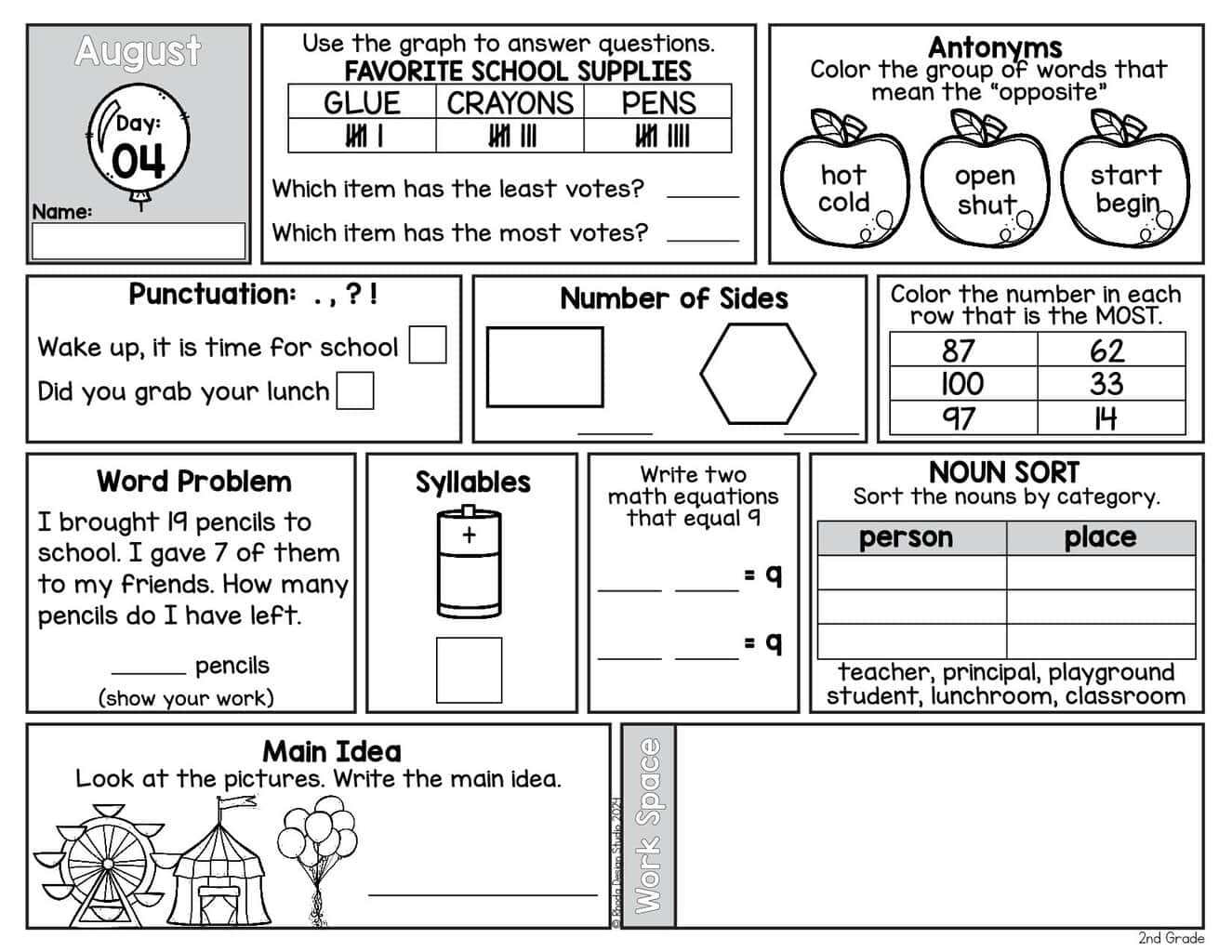 Free August Morning Bell Work Worksheets For 2Nd Grade with Free Printable Bell Ringers