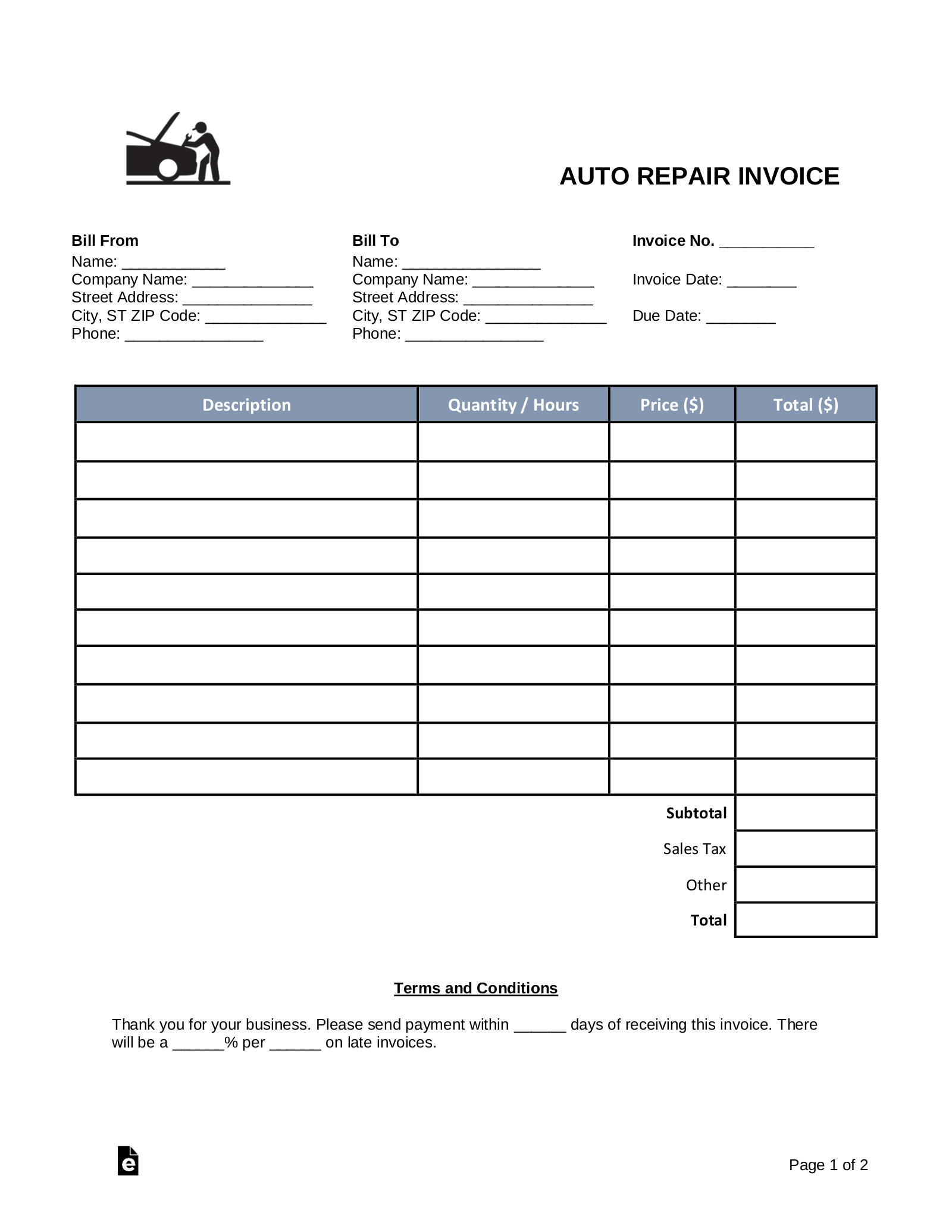 Free Auto Body (Mechanic) Invoice Template - Pdf | Word – Eforms within Free Printable Auto Repair Invoice Template