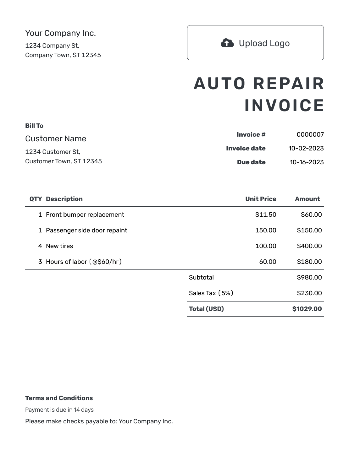 Free Auto Repair Invoice Template | Docelf intended for Free Printable Auto Repair Invoice Template