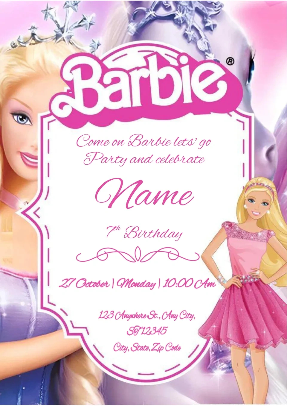 Free Barbie Invitation Template For Google Docs regarding Free Printable Barbie Birthday Party Invitations