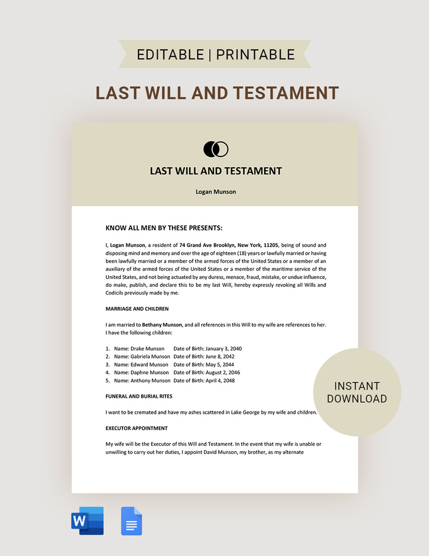 Free Basic Last Will And Testament Template In Google Docs, Word inside Free Printable Basic Will