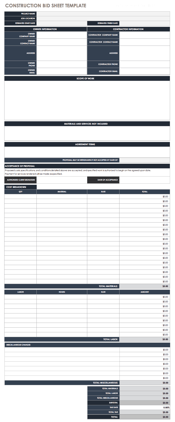 Free Bid Proposal Templates | Smartsheet with regard to Free Printable Contractor Bid Forms