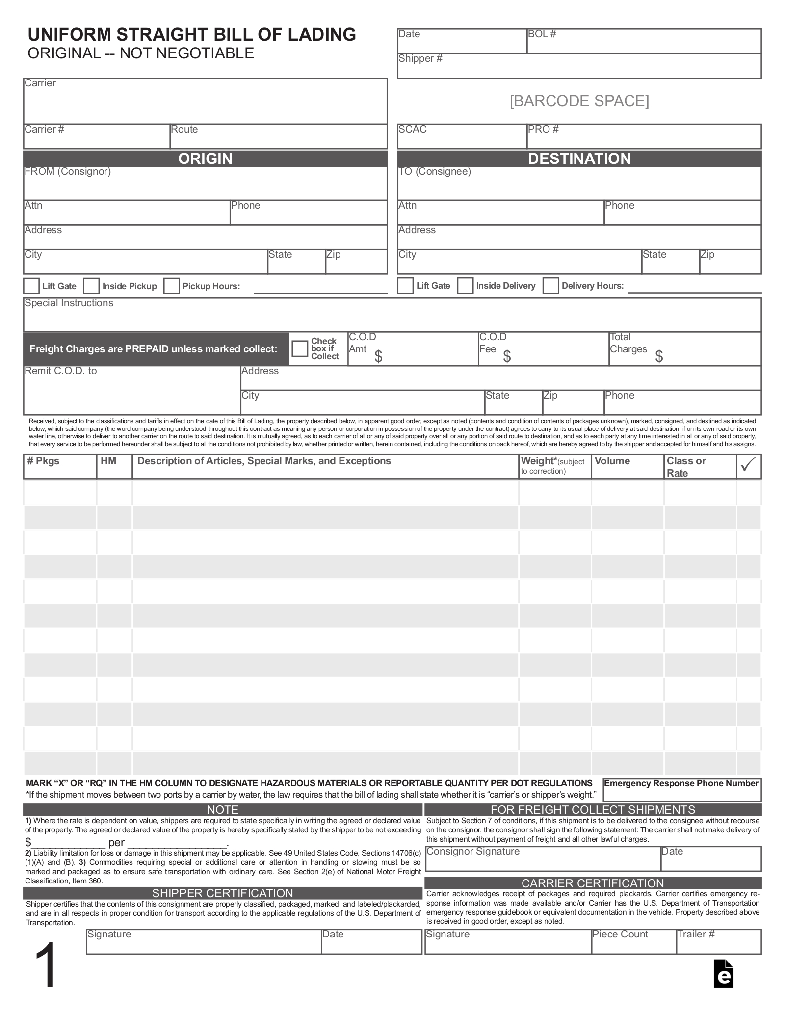 Free Bill Of Lading (Bol) - Pdf – Eforms intended for Free Printable Straight Bill Of Lading