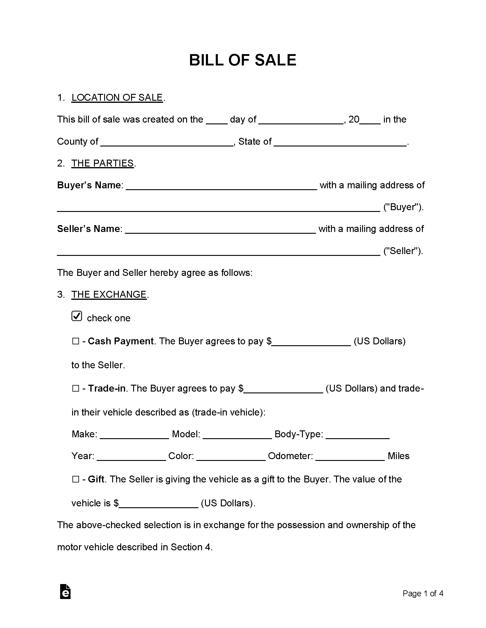 Free Bill Of Sale Forms (24) - Pdf | Word – Eforms in Free Printable Bill Of Sale For Car
