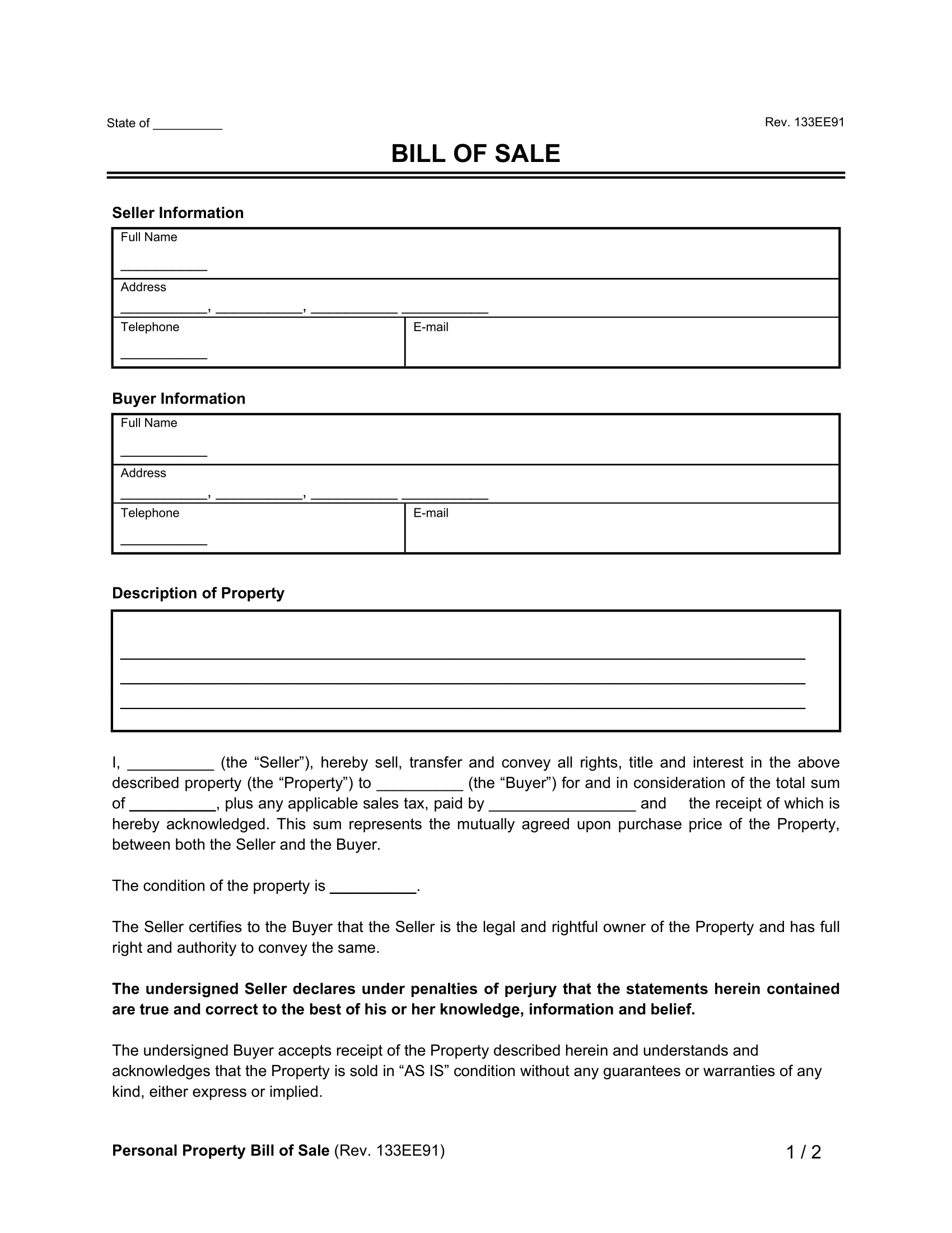 Free Bill Of Sale Templates | Pdf & Word with regard to Free Printable Blank Auto Bill Of Sale