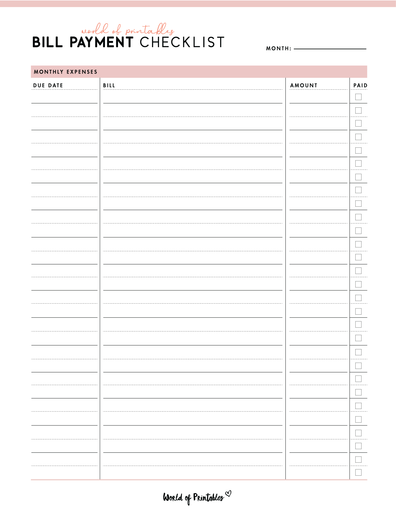 Free Bill Payment Checklist Pdf - World Of Printables - Worksheets within Free Printable Bill Pay Checklist