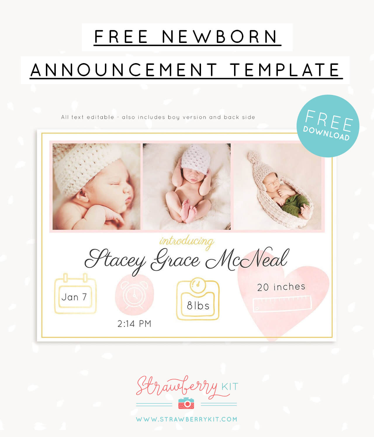 Free Birth Announcement Template For Photoshop – Strawberry Kit with regard to Free Birth Announcements Printable