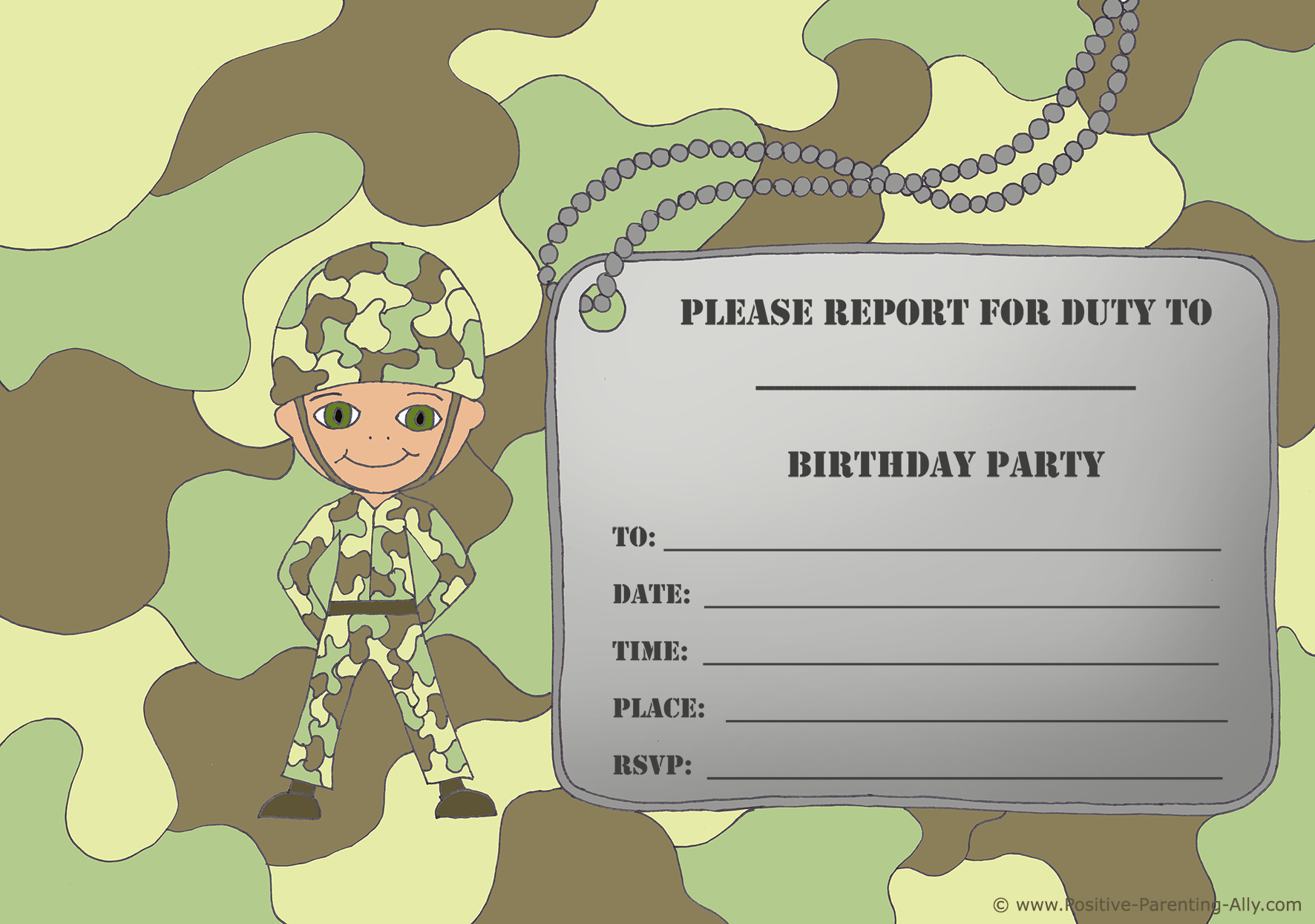 Free Birthday Invitations To Print For Kids: Choose Your Theme intended for Free Printable Camouflage Birthday Cards