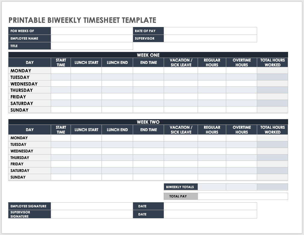 Free Biweekly Timesheet Templates | Smartsheet intended for Free Printable Time Cards