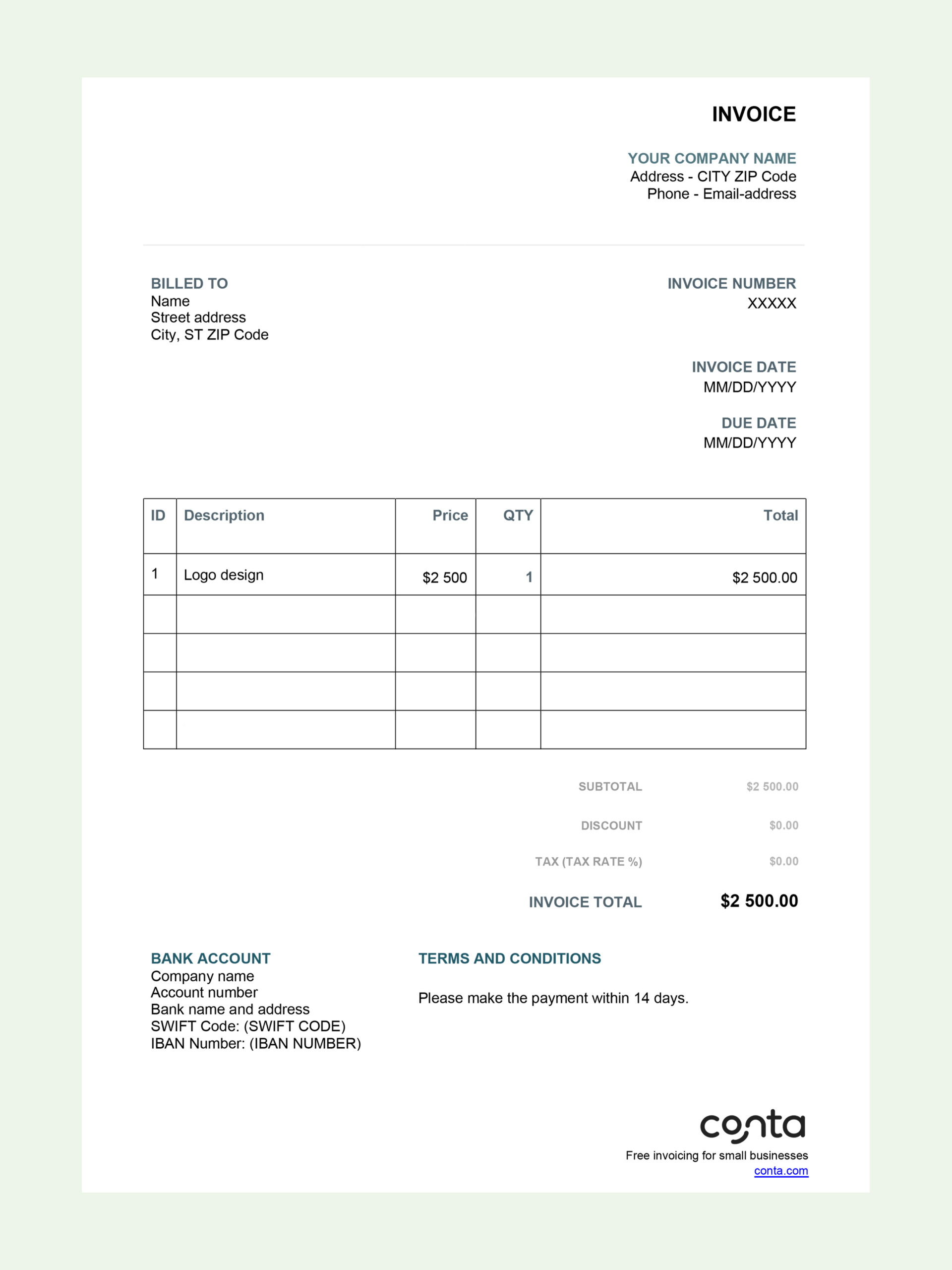Free Blank Invoice Template For Excel | Blank Bill For Excel | Conta throughout Free Printable Invoice Template Excel