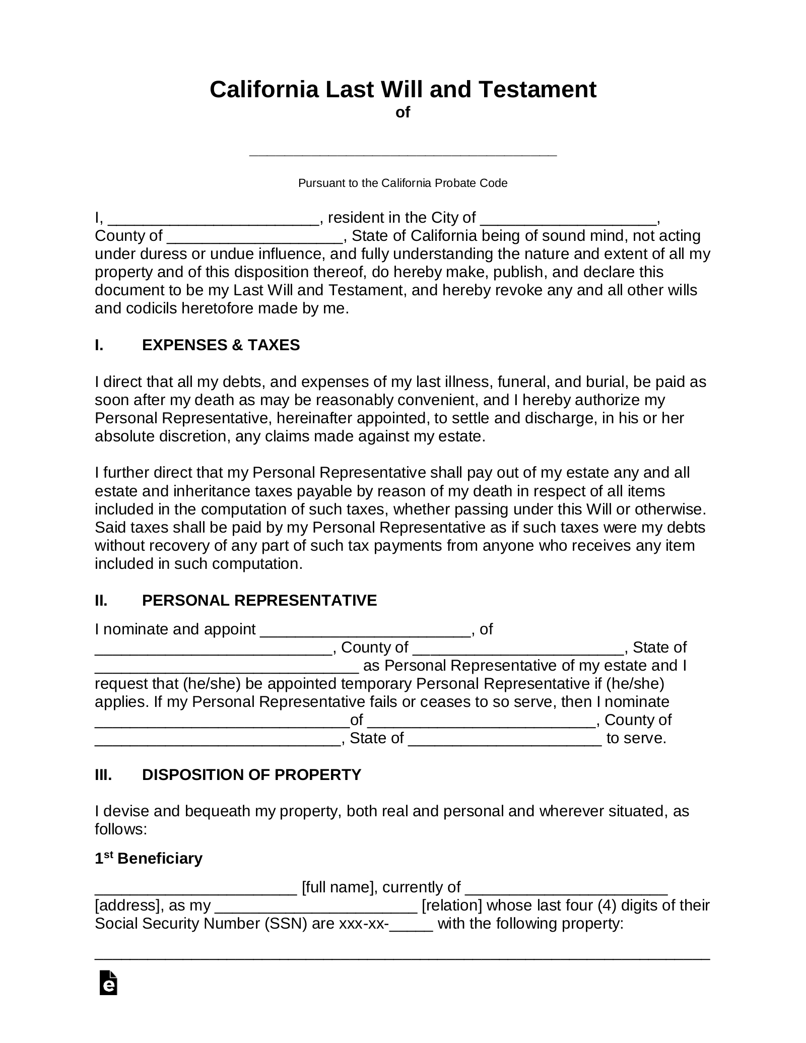 Free California Last Will And Testament Template - Pdf | Word – Eforms for Free Printable Legal Forms California