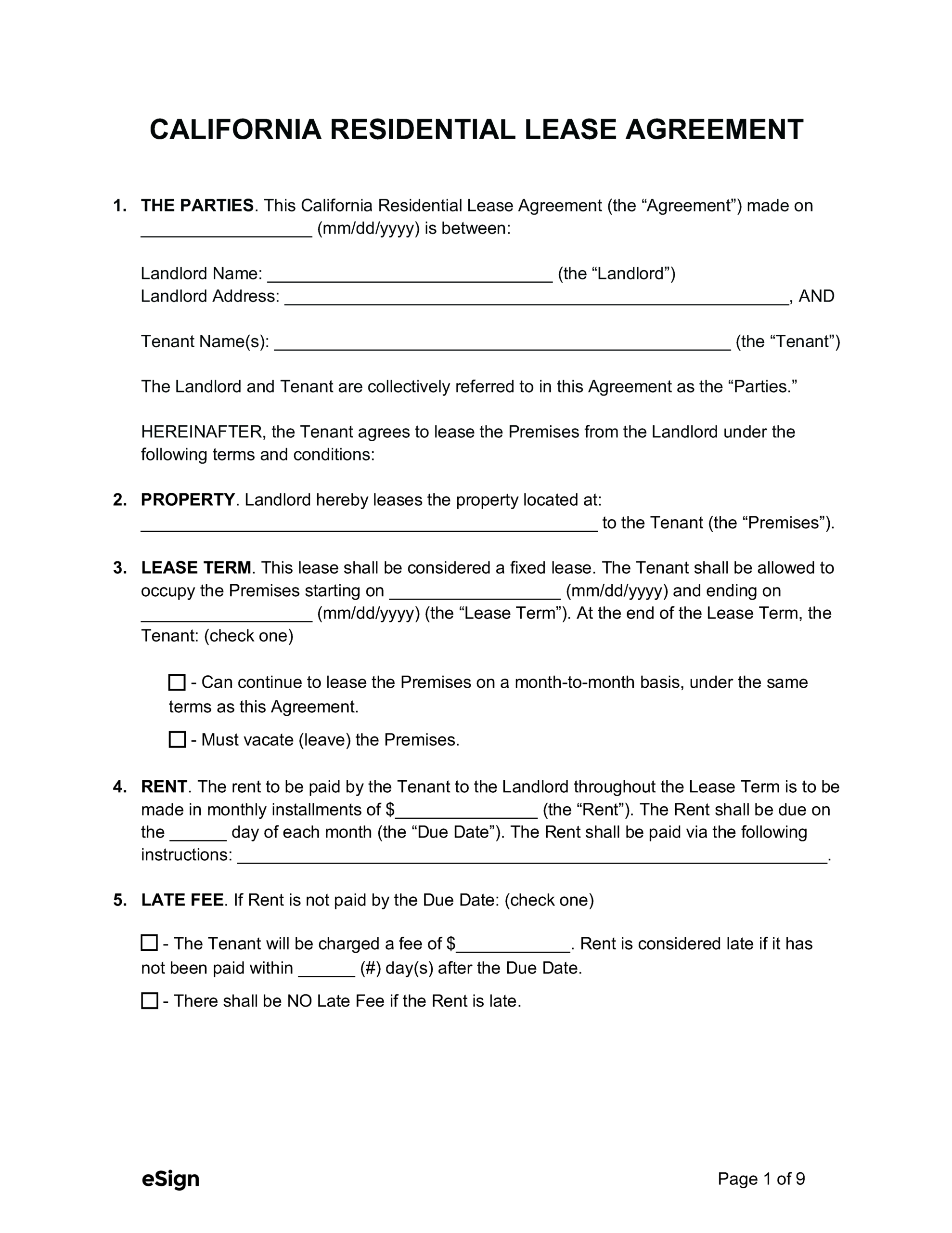 Free California Rental Lease Agreement Templates (6) | Pdf intended for Free Printable California Residential Lease Agreement