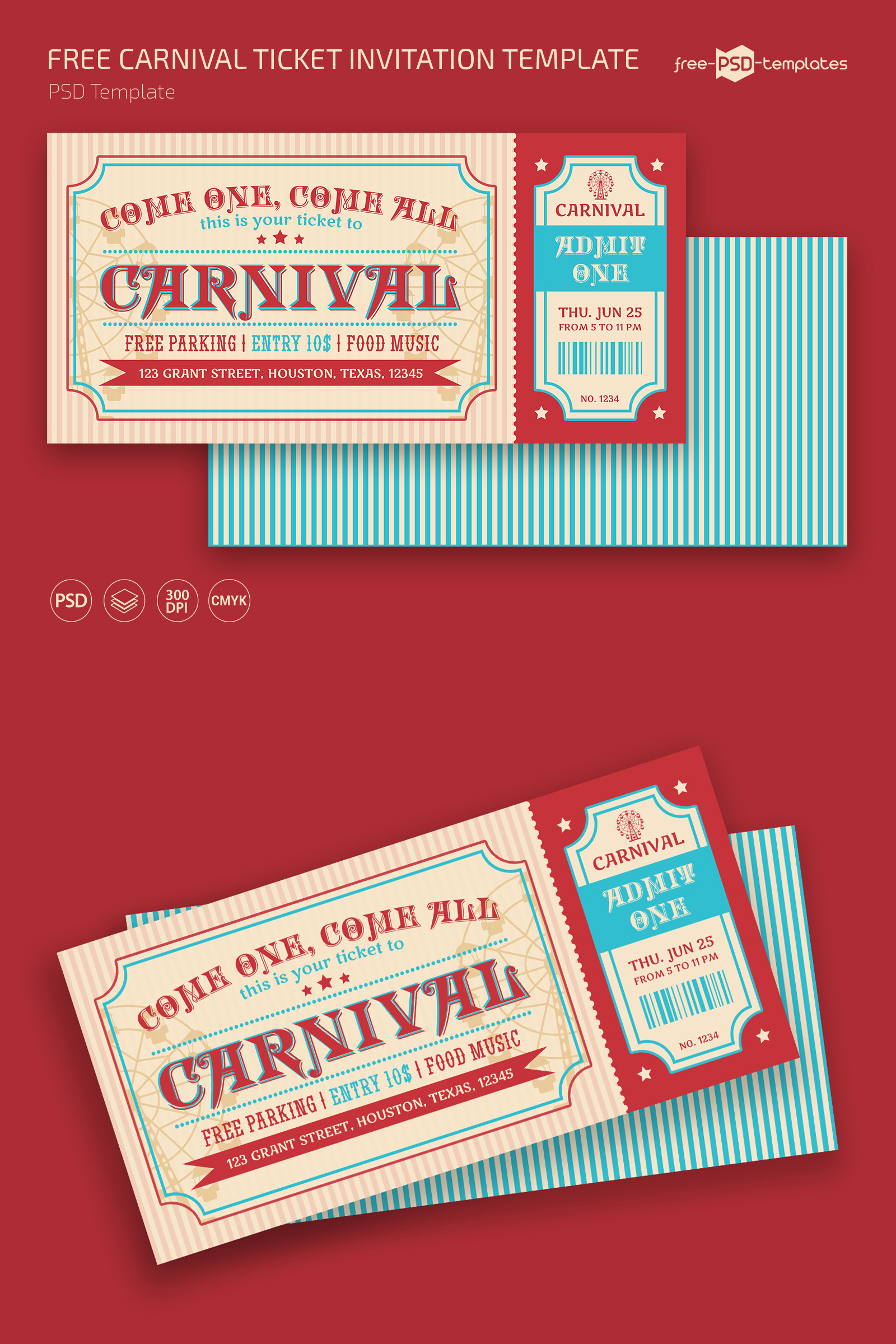 Free Carnival Ticket Invitation Template For Photoshop (Psd) with Free Printable Ticket Invitation Templates